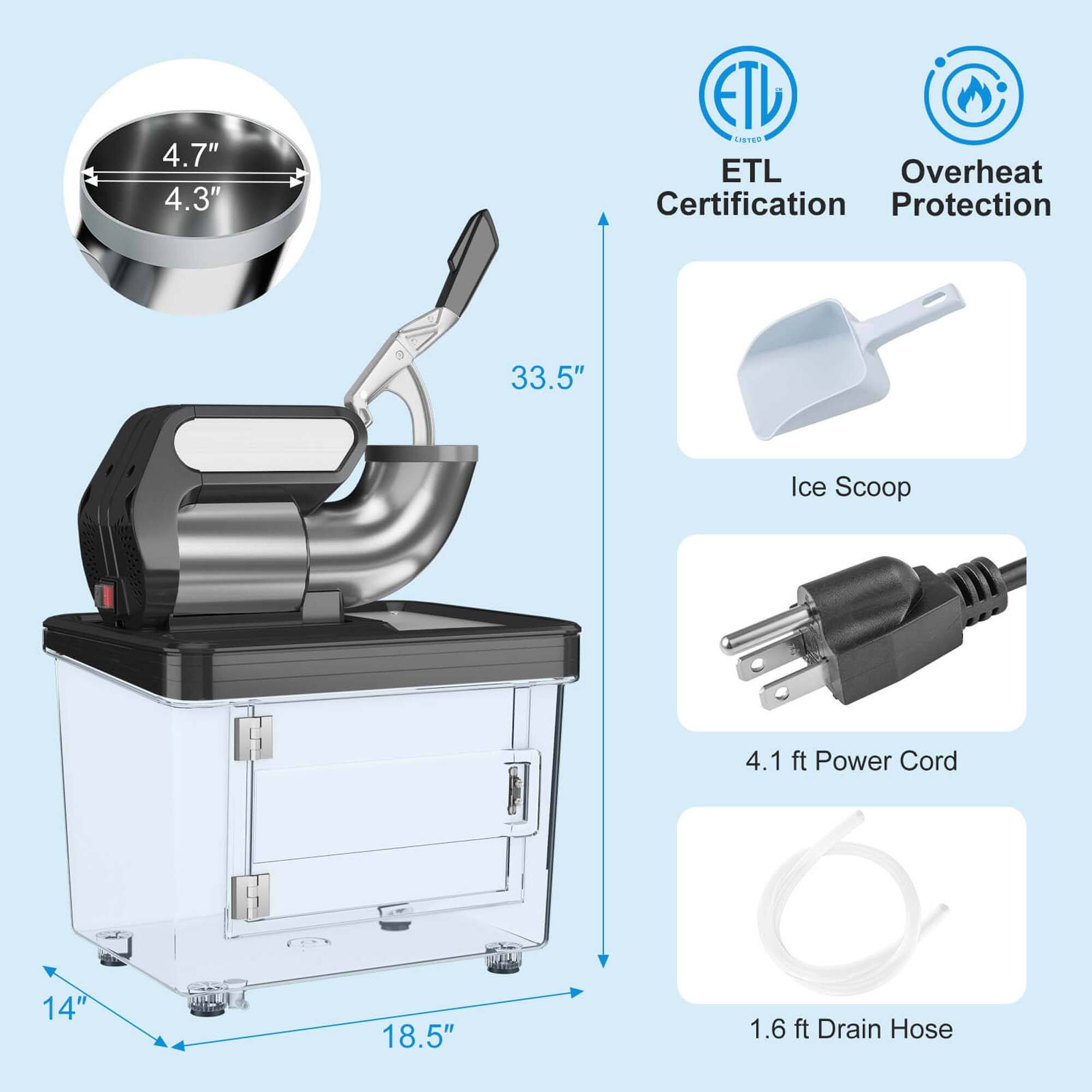 The image features a machine with a 4.7" and 4.3" ETL listed overheat certification protection. It also has an ice scoop and a 4.1 ft power cord. The machine is designed to be compact, with dimensions of 14" x 18.5" x 1.6 ft. Additionally, there is a drain hose included with the machine.