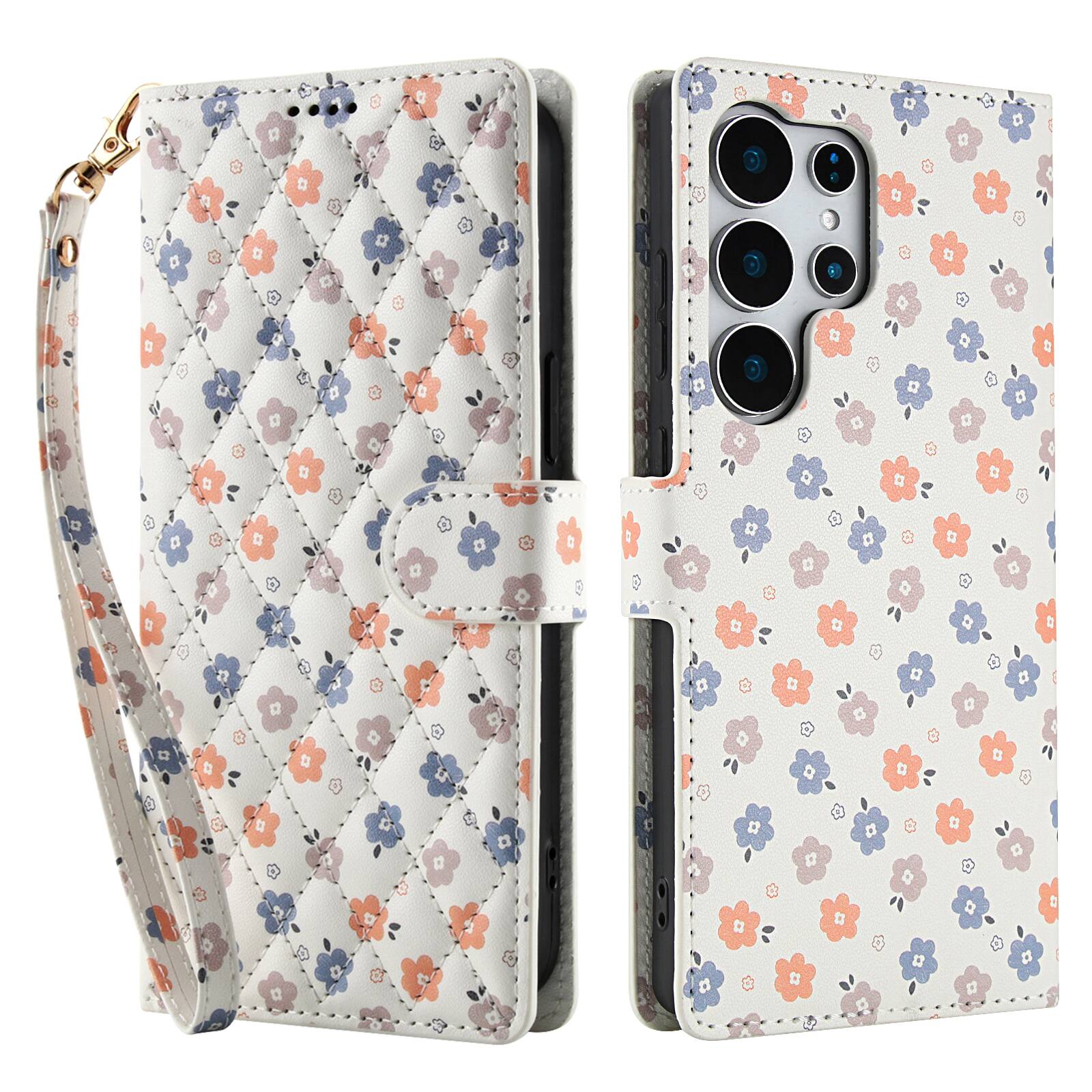 Angle. Dteck - Floral Wallet Case for Samsung Galaxy S25 Ultra with Wrist Strap, Premium PU Leather Shockproof Protective Flip Cover - B.