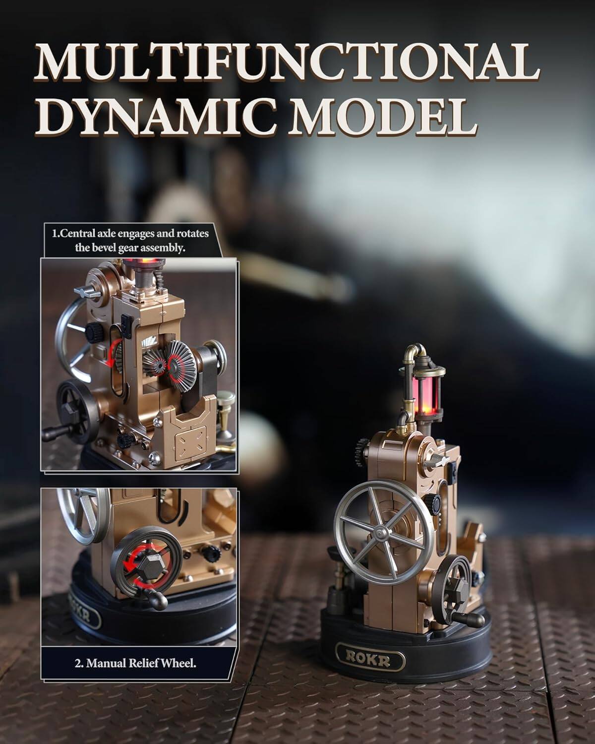 MULTIFUNCTIONAL DYNAMIC MODEL

1. Central axle engages and rotates the bevel gear assembly.
2. Manual Relief Wheel.