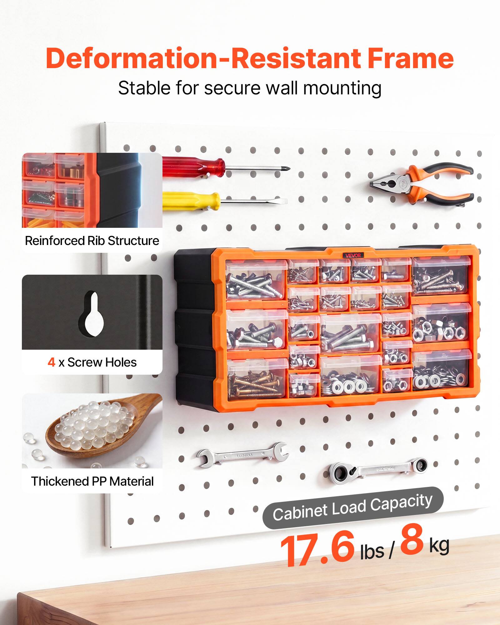 Deformation-Resistant Frame  
Stable for secure wall mounting  
Reinforced Rib Structure  
4 x Screw Holes  
Thickened PP Material  
Cabinet Load Capacity: 17.6 lbs / 8 kg