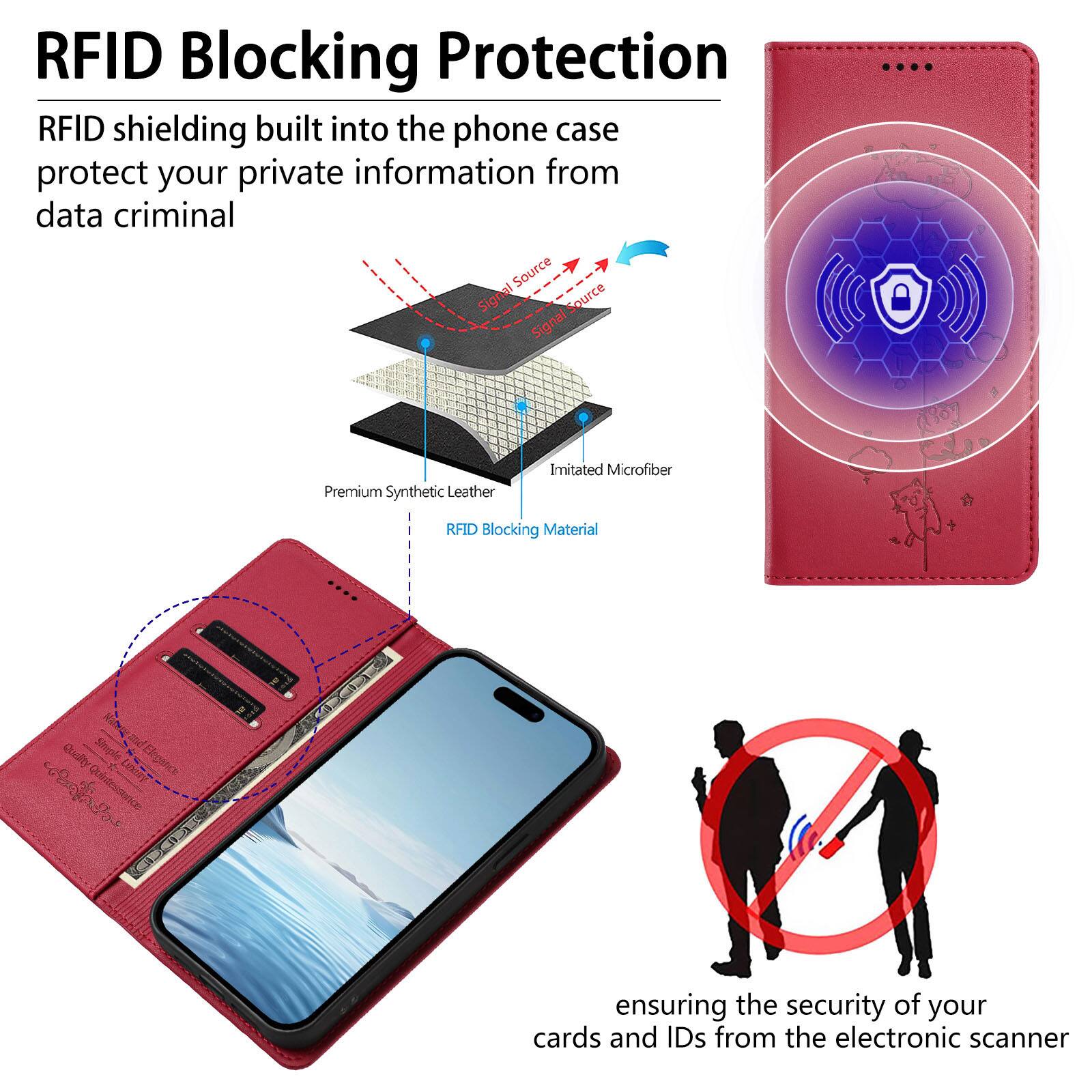 RFID Blocking Protection

RFID shielding built into the phone case protect your private information from data criminal

Premium Synthetic Leather
Imitated Microfiber
RFID Blocking Material

ensuring the security of your cards and IDs from the electronic scanner