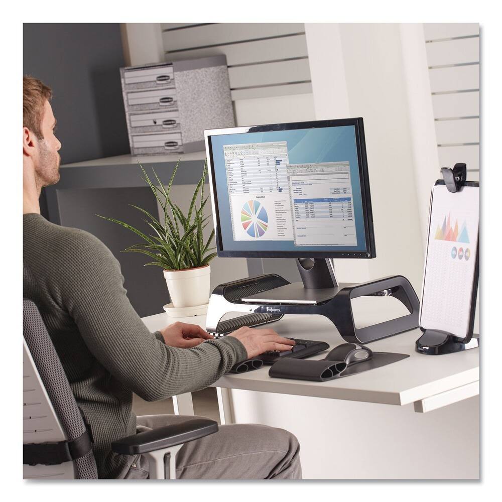 Left. Fellowes - Fellowes Mfg Co. 9472301 I-Spire Series  20 in. x 8.88 in. x 4.88 in. Supports 25 lbs. Monitor Lift - Black.