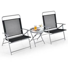 Costway - 3pcs Patio Folding Table Chair Set Extra-Large Seat Metal Frame Portable Outdoor - Black,Silver