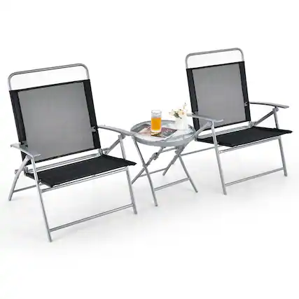 Front. Costway - Costway 3pcs Patio Folding Table Chair Set Extra-Large Seat Metal Frame Portable Outdoor - Black,Silver.