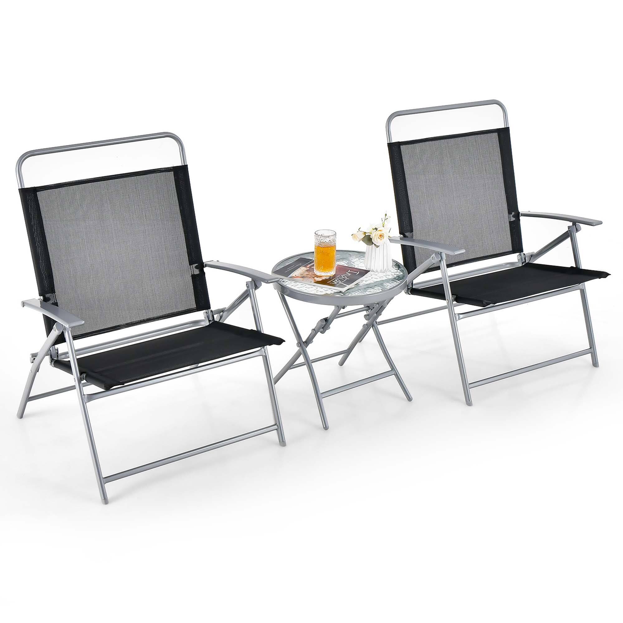 Front. Costway - Costway 3pcs Patio Folding Table Chair Set Extra-Large Seat Metal Frame Portable Outdoor - Black,Silver.