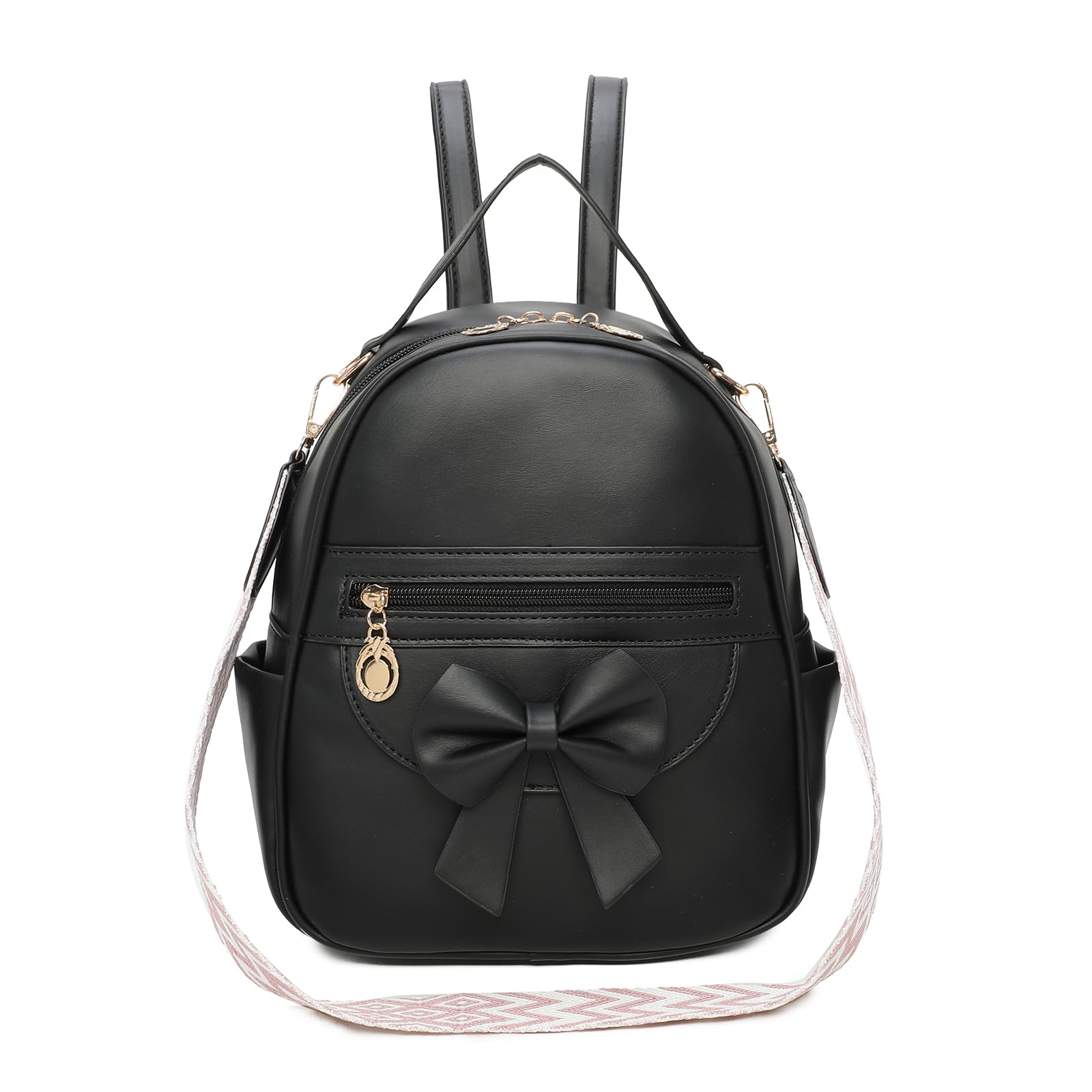Front. Pacoar Cade - Mini Backpack Cute Bowknot Leather For Designer Small Shoulder Bag Fashion Handbag Women Pure Black - Pure Black.