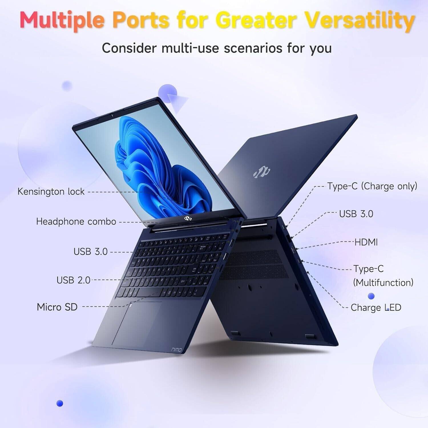 Multiple Ports for Greater Versatility  
Consider multi-use scenarios for you  

- Kensington lock  
- Headphone combo  
- USB 3.0  
- USB 2.0  
- Micro SD  
- Type-C (Charge only)  
- USB 3.0  
- HDMI  
- Type-C (Multifunction)  
- Charge LED