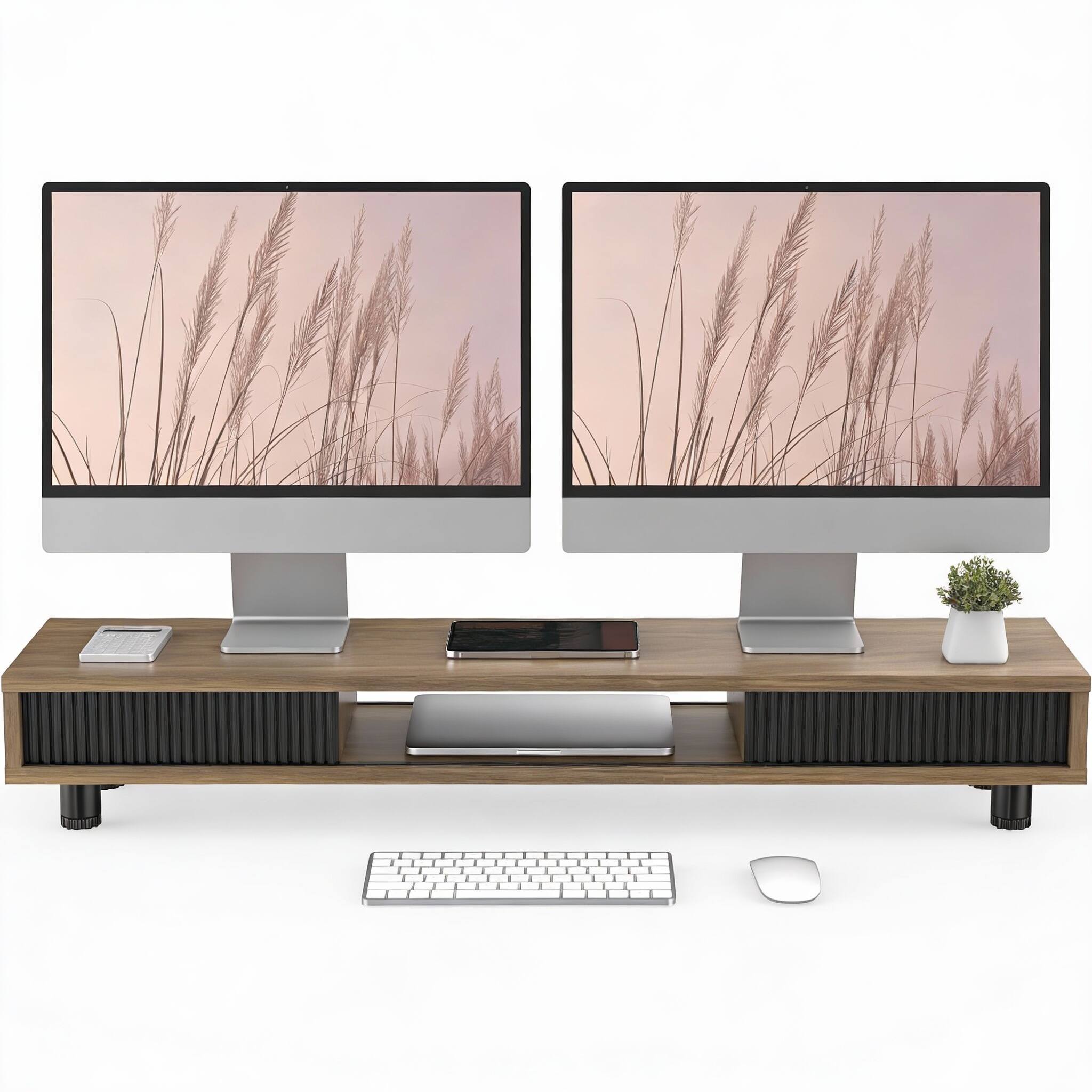 Frangdom - Dual Monitor Stand 42.5" Riser 2-Tier Storage Shelf 110 lbs - Brown