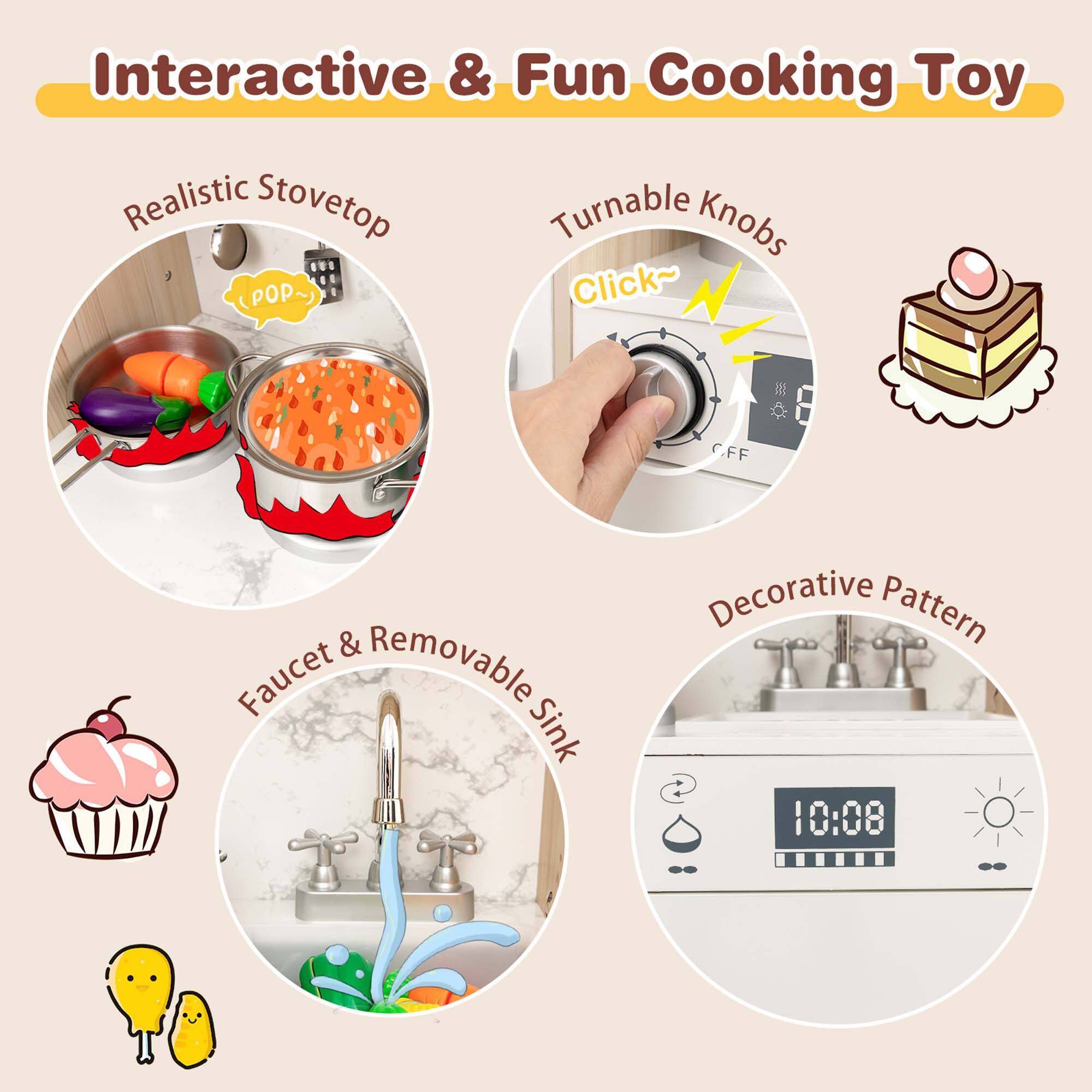 Interactive & Fun Cooking Toy

- Realistic Stovetop
- Turnable Knobs
- Faucet & Removable Sink
- Decorative Pattern

Click~ M 8 C.FF

10:08