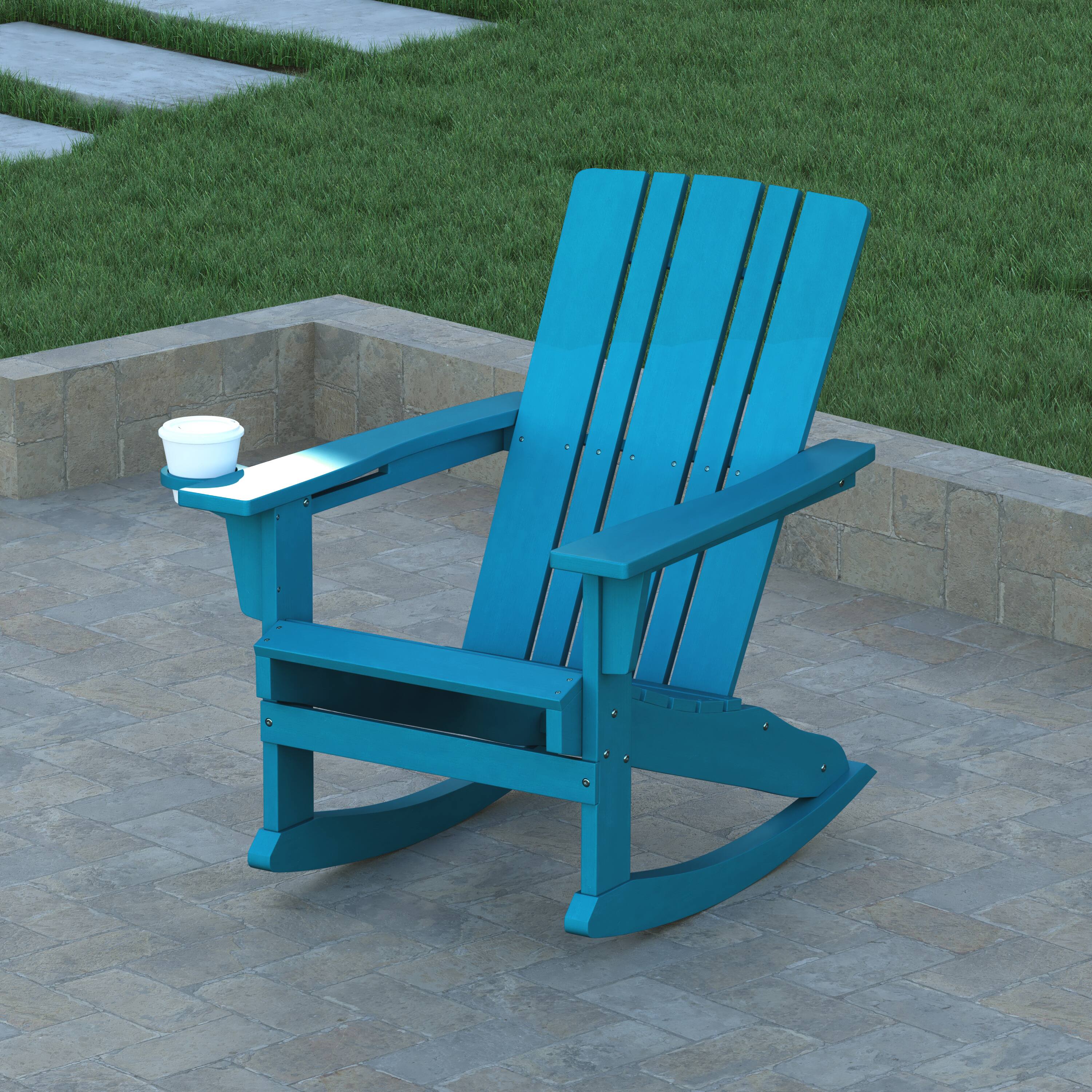 Alt View 3. Emma + Oliver - Haley Adirondack Rocking Chair with Cup Holder, Weather Resistant HDPE Adirondack Rocking Chair - Blue.