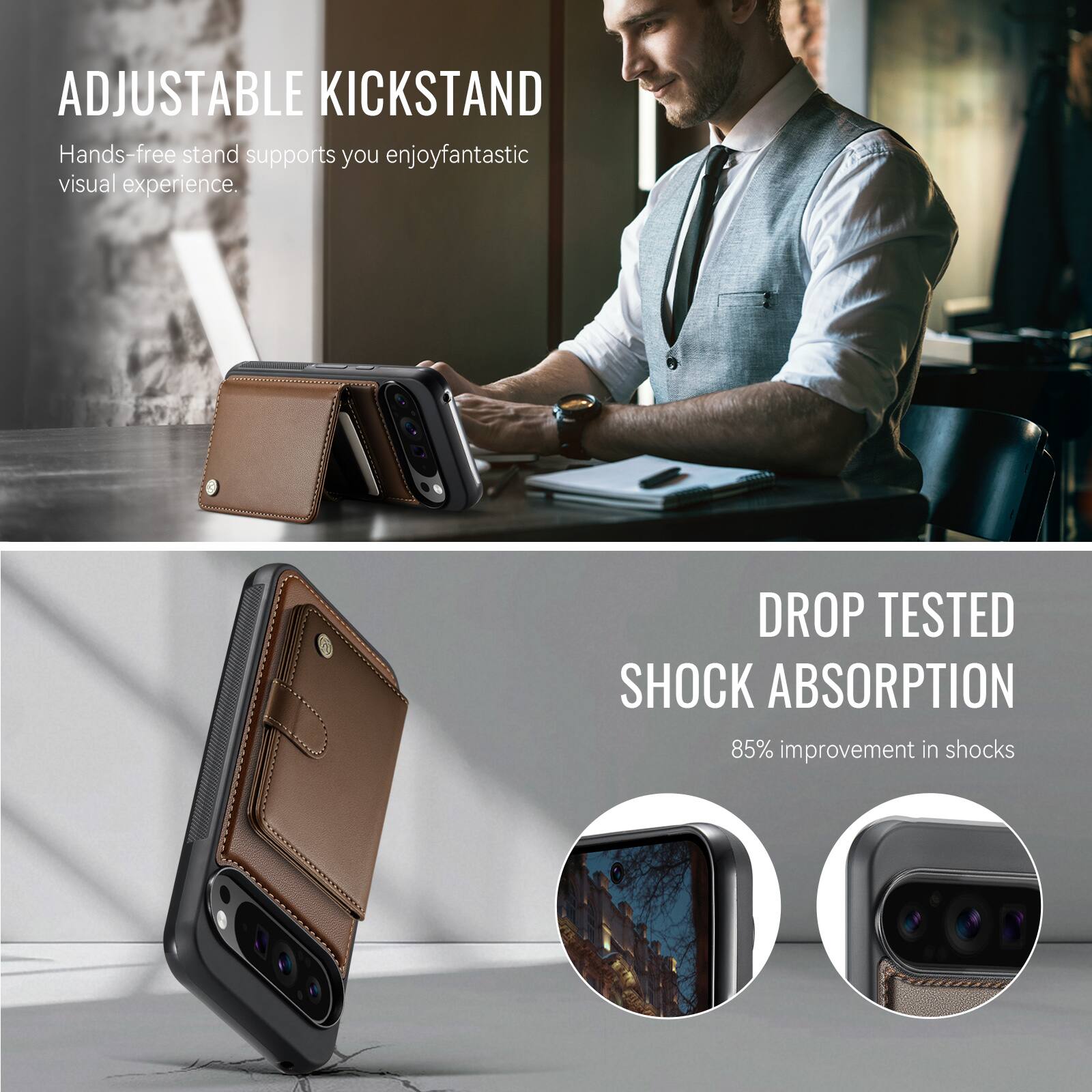 ADJUSTABLE KICKSTAND  
Hands-free stand supports you enjoy fantastic visual experience.  

DROP TESTED SHOCK ABSORPTION  
85% improvement in shocks
