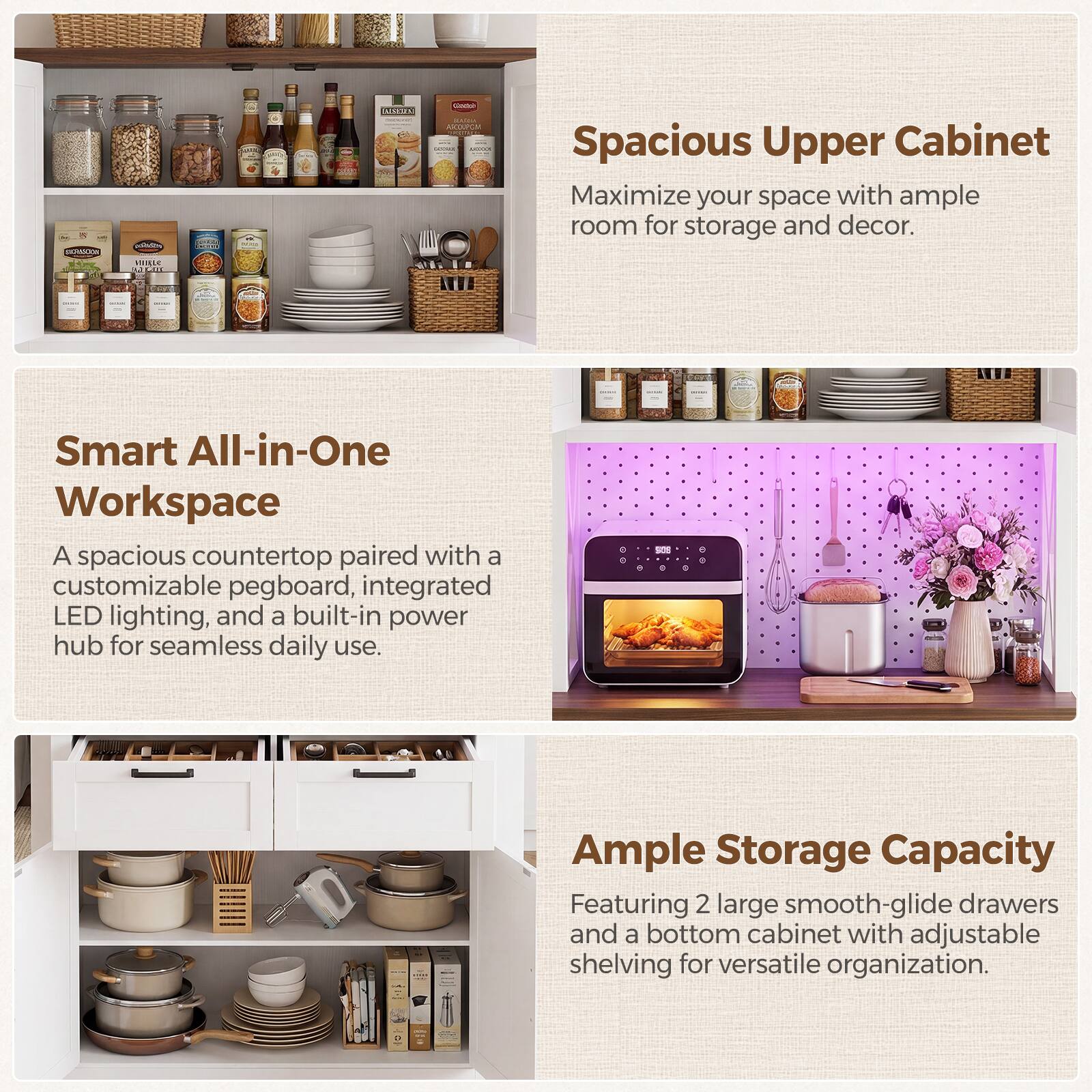 Spacious Upper Cabinet  
Maximize your space with ample room for storage and decor.  

Smart All-in-One Workspace  
A spacious countertop paired with a customizable pegboard, integrated LED lighting, and a built-in power hub for seamless daily use.  

Ample Storage Capacity  
Featuring 2 large smooth-glide drawers and a bottom cabinet with adjustable shelving for versatile organization.