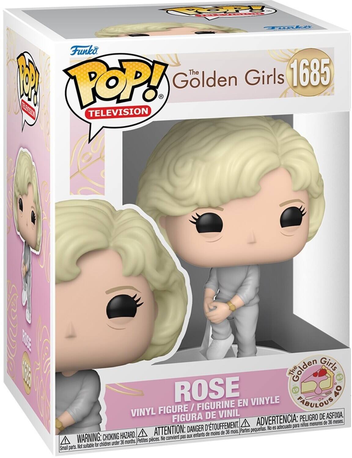 The text can be grouped as follows:

**Funko Pop!**
- The Golden Girls
- 1685
- Television

**Rose**
- Vinyl Figure / Figurine en Vinyle
- Figura de Vinil

**Warnings**
- Choking Hazard
- Attention: Danger d'étouffement
- Advertencia: Peligro de asfixia
- Warning: Choking Hazard
- Attention: Petits parts. Not suitable for children under 36 months.
- Parts pequeñas. No es adecuado para niños menores de 36 meses.
- Small parts. Not suitable for children under 36 months.