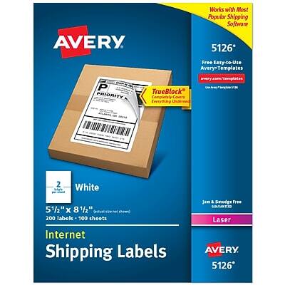 Avery Works with Most Popular Shipping Software

5126 Free Easy-to-Use Avery Templates
avery.com/templates

TrueBlock Completely Covers Everything Underneath

White 51/2" x 81/2" (130 x 216 mm)
200 labels - 100 sheets

Internet Shipping Labels

Jan & Smudge Free GUARANTEE

Laser

Avery 5126