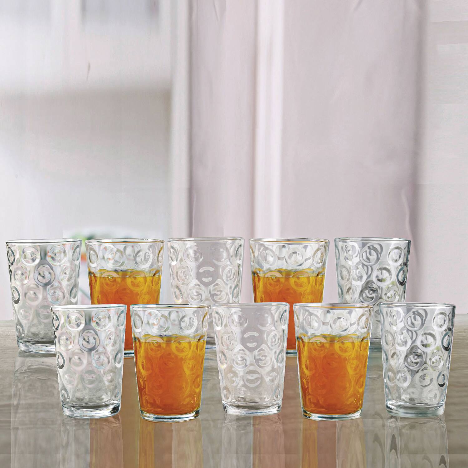 Left. Jay Import - Double Circle Set Of 10 - 7 OZ. Juice Glasses - Clear.
