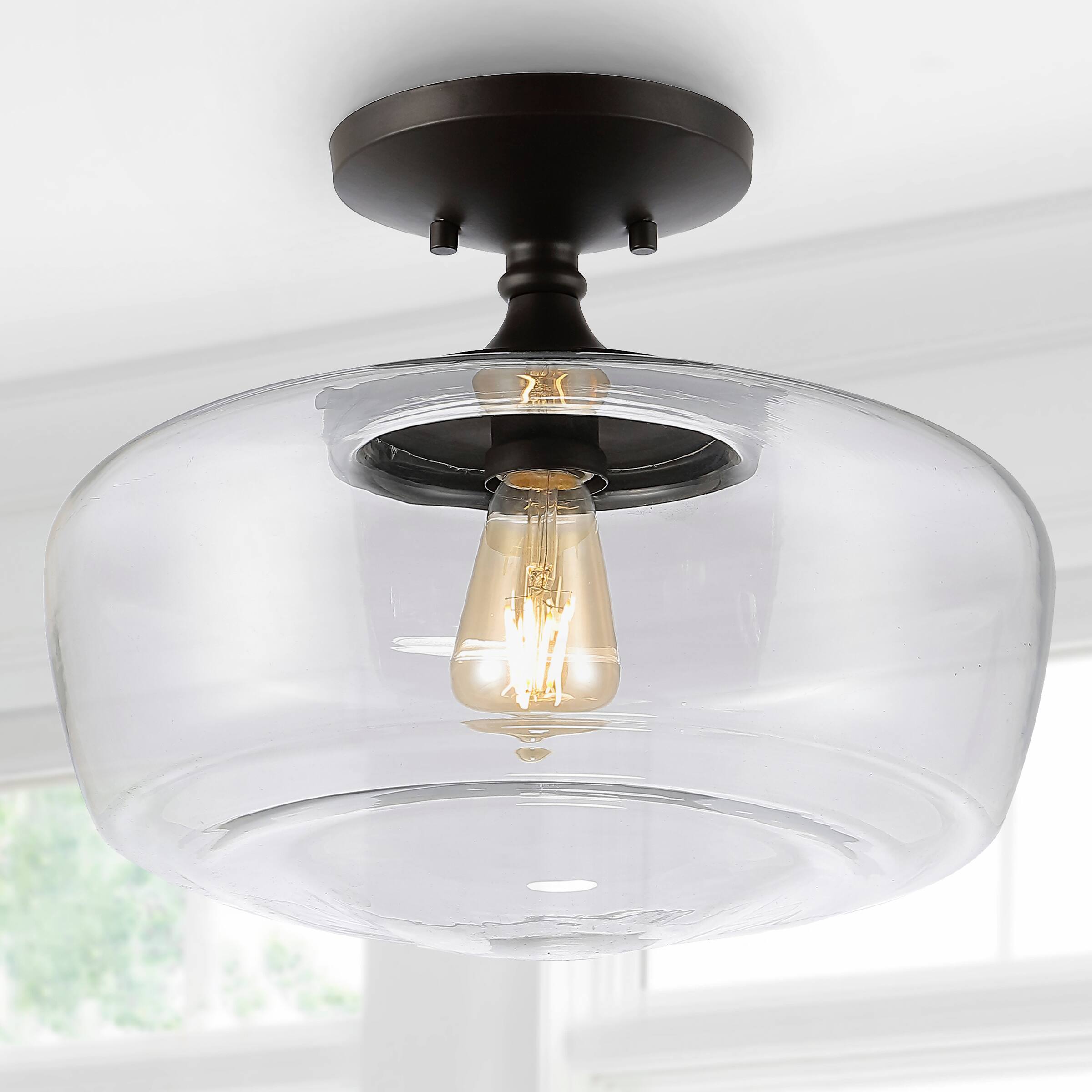 Alt View 1. Jonathan Y - Marfa 14" 1-Light Modern Farmhouse Schoolhouse Frosted Glass/Metal LED Semi Flush Mount, Oil Rubbed Bronze - Oil Rubbed Bronze.