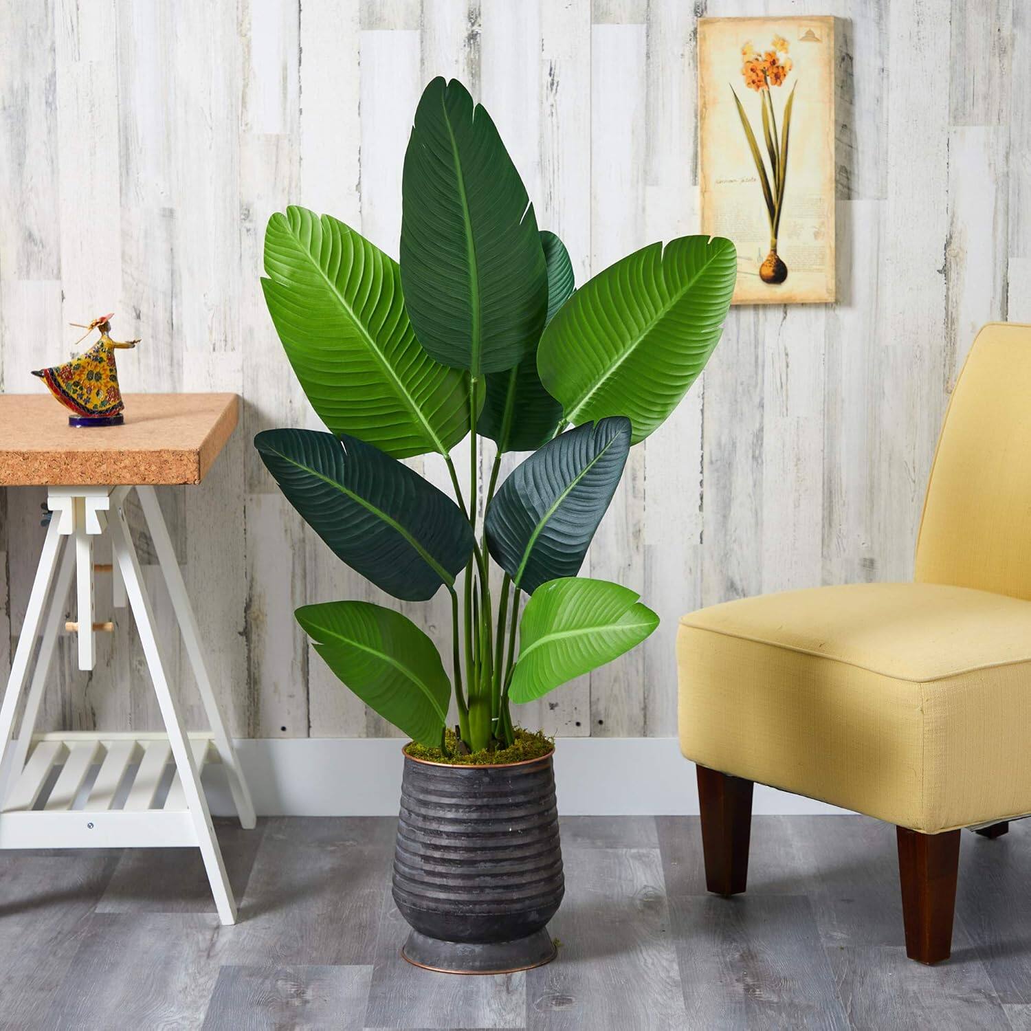 Front. BreeBe - 50" Travelers Palm Artificial Tree in Ribbed Metal Planter - Green.