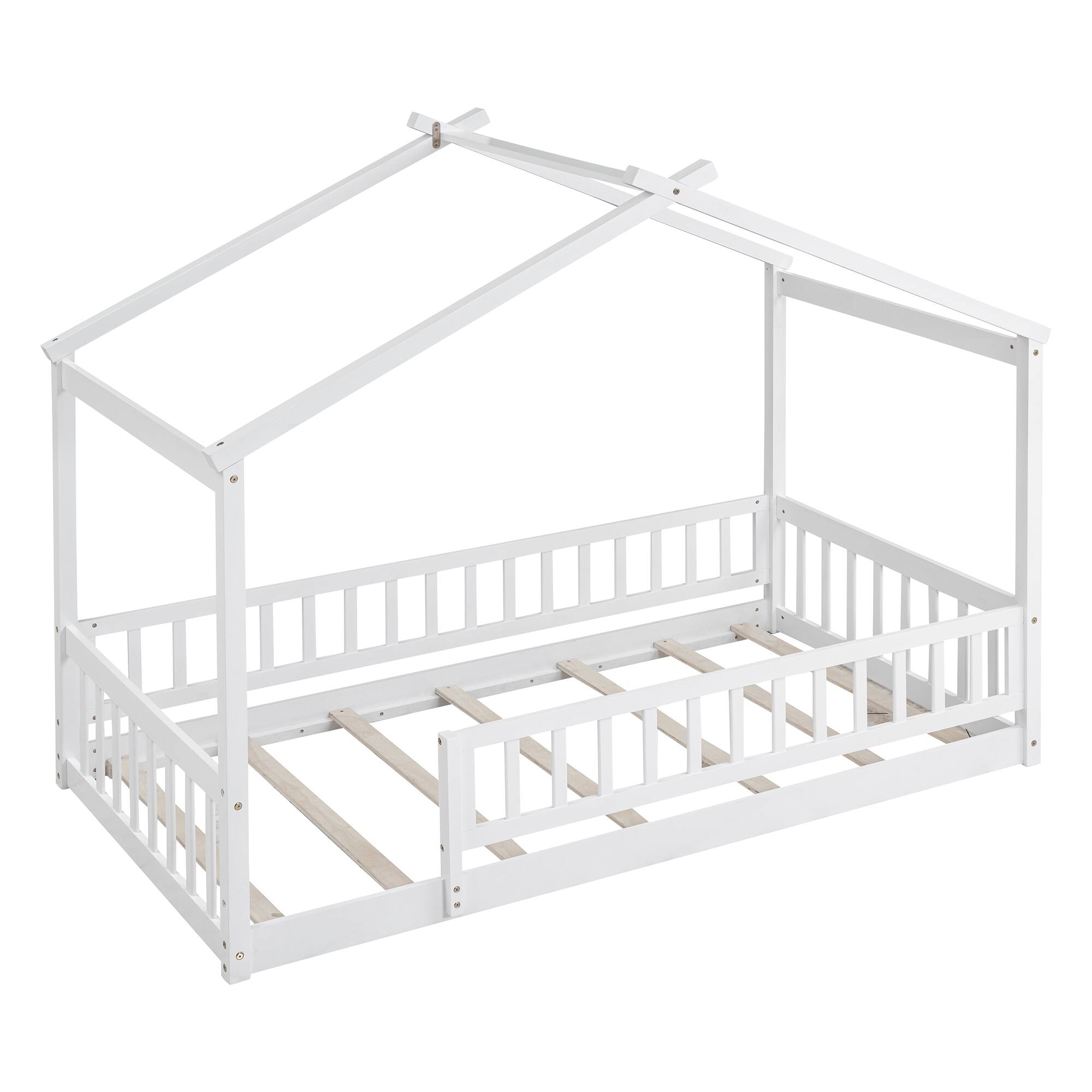 Alt View 4. Whisen - Twin Size Wood House Bed Frame with Fence for Kids and Teens - White.