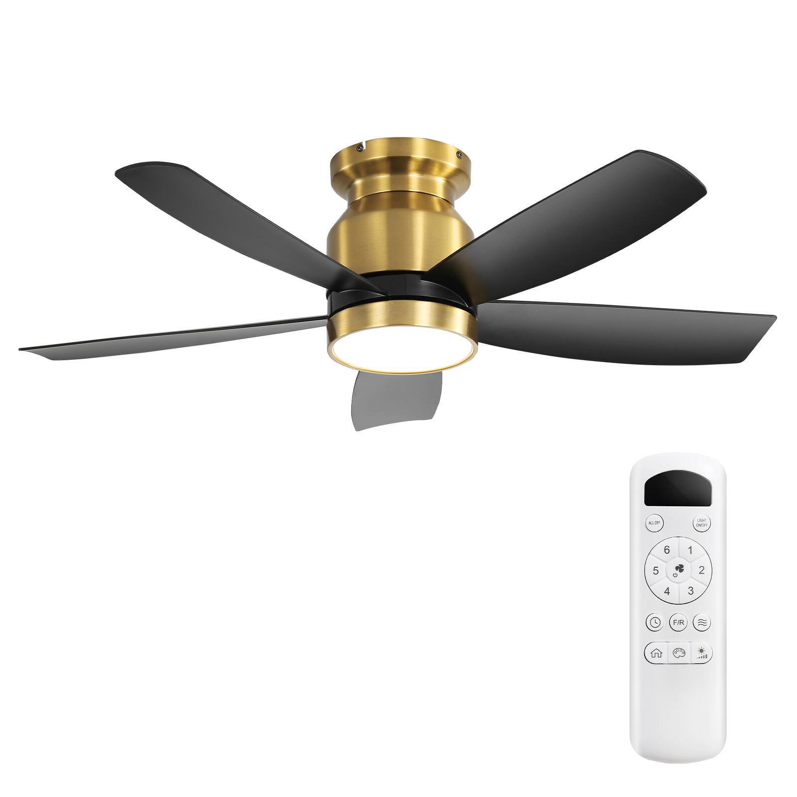 Front. GreenEver - 42-inch Flush Mount Ceiling Fan with Quiet DC Motor, 5 Reversible ABS Blades, 6-Speed Airflow & Dimmable 3CCT LED Light - Black Gold.