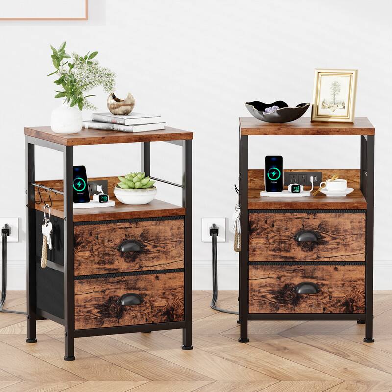 Front. Furologee - Nightstands with 2 Drawers  Outlets Bedside Tables with 2 USB Ports  2Tier Open Shelf - Brown.