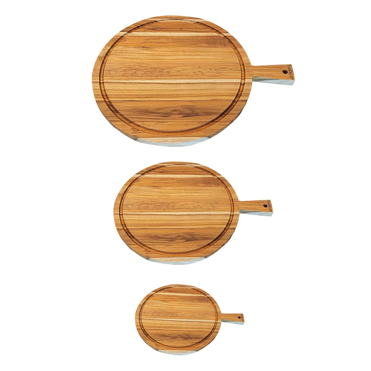 EcoDecors - 3 Piece Round Teak Cutting Board Set with Handle, FSC Certified Teak Wood - Natural Edge Grain Teak