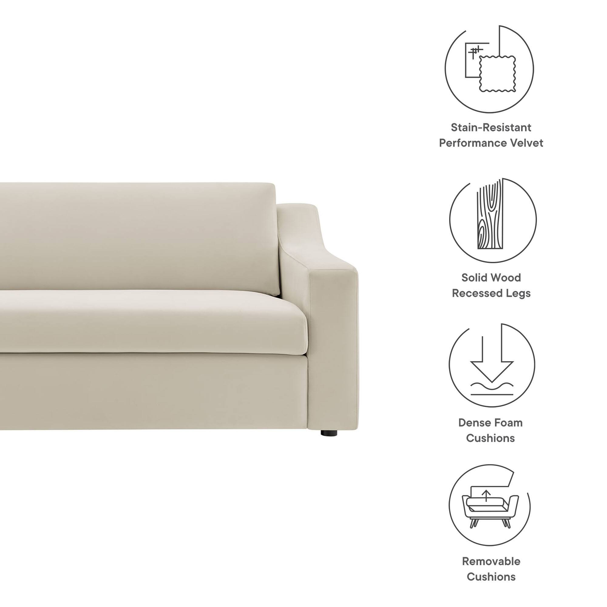 - Stain-Resistant Performance Velvet
- Solid Wood Recessed Legs
- Dense Foam Cushions
- Removable Cushions