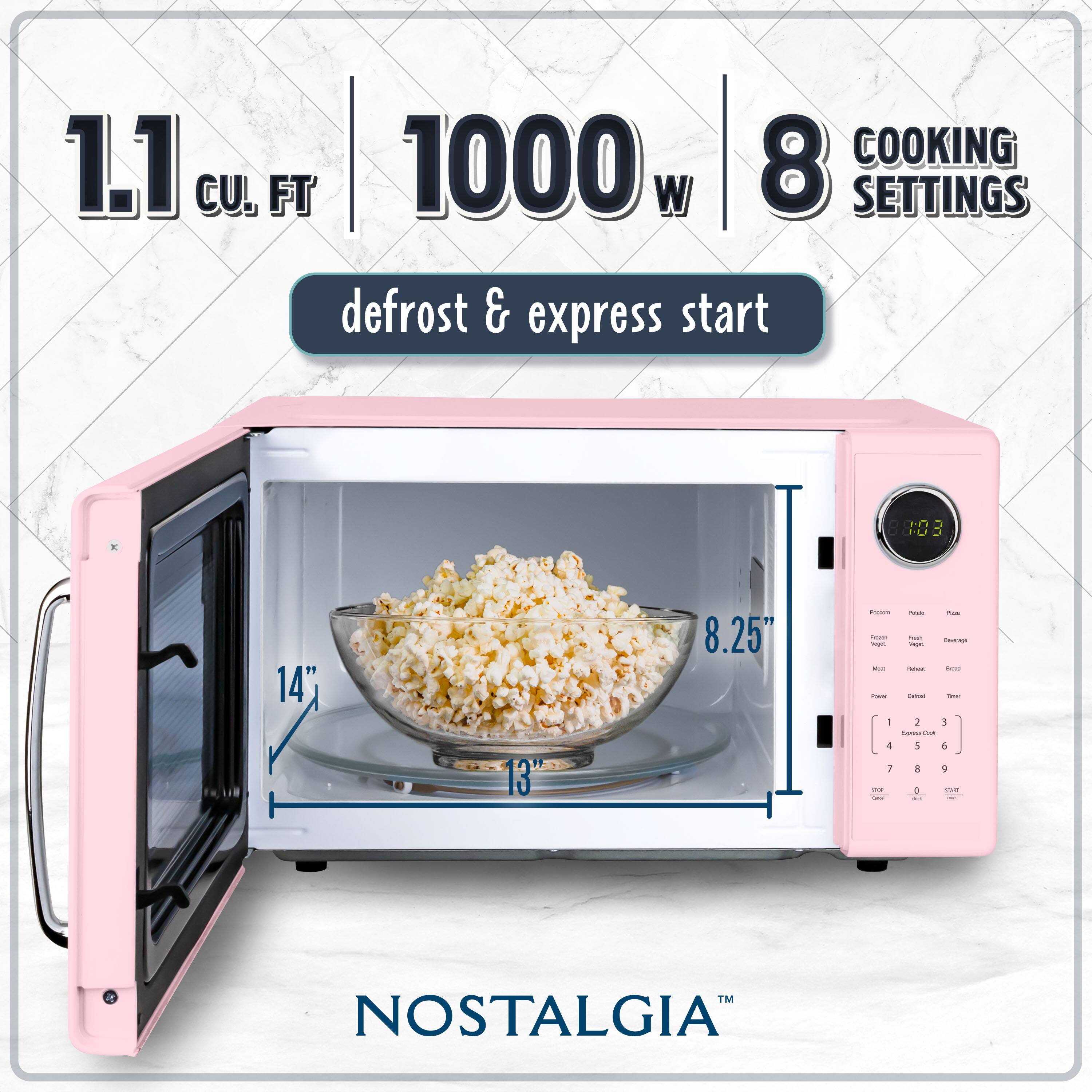 1.1 cu. ft. | 1000 w | 8 COOKING SETTINGS  
defrost & express start  
14" | 8.25" | 13"  
NOSTALGIA™