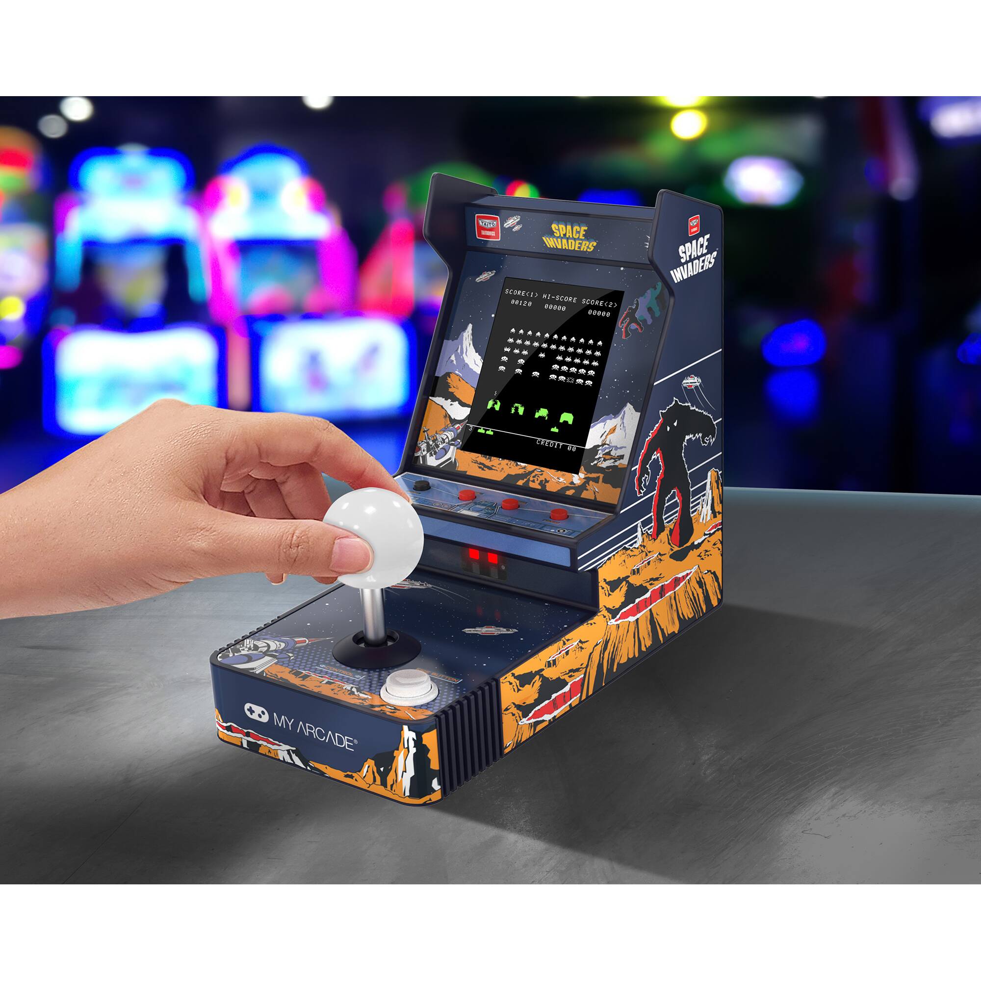 Space Invaders is a classic arcade game that has been adapted into a home arcade machine. The machine features a joystick and a button for gameplay, and it is designed to resemble the original arcade cabinet. The game is displayed on a screen, and the player uses the joystick and button to control the game. The machine is a fun and nostalgic way to enjoy the classic game at home. - T (Teen 13+)