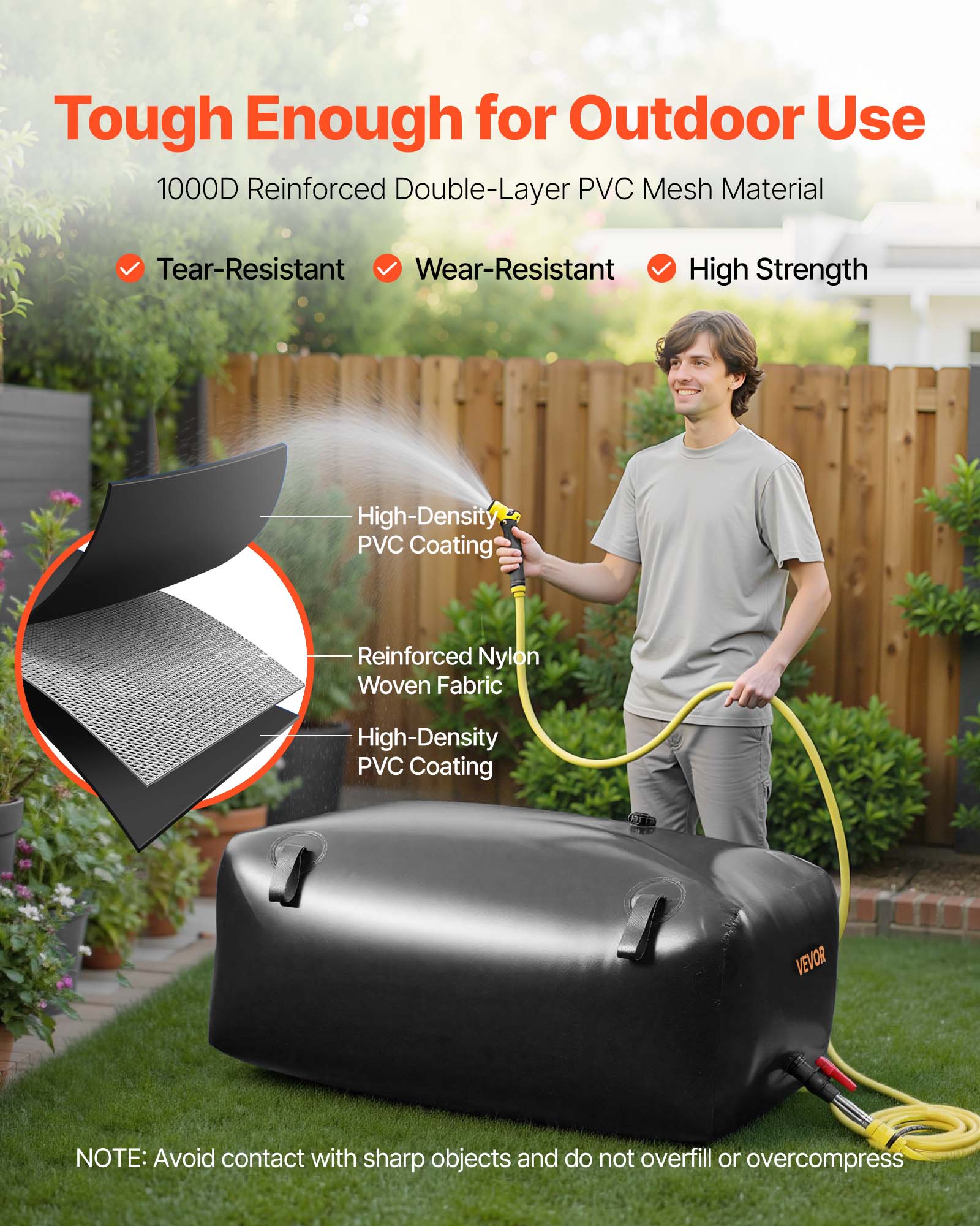 Tough Enough for Outdoor Use  
1000D Reinforced Double-Layer PVC Mesh Material  
- Tear-Resistant  
- Wear-Resistant  
- High Strength  

High-Density PVC Coating  
Reinforced Nylon Woven Fabric  
High-Density PVC Coating  

NOTE: Avoid contact with sharp objects and do not overfill or overcompress