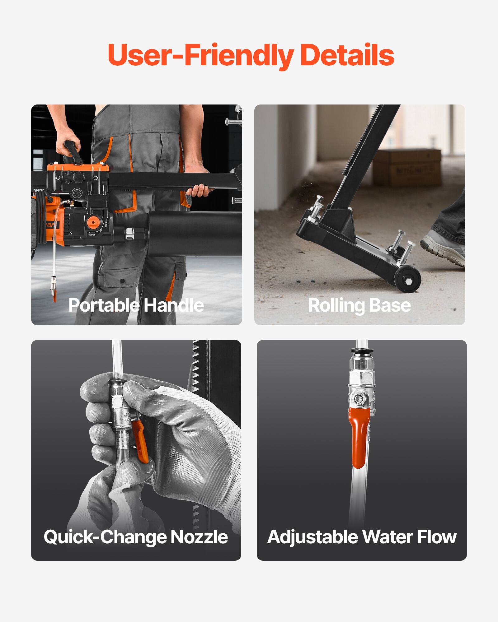 User-Friendly Details

- Portable Handle
- Rolling Base
- Quick-Change Nozzle
- Adjustable Water Flow