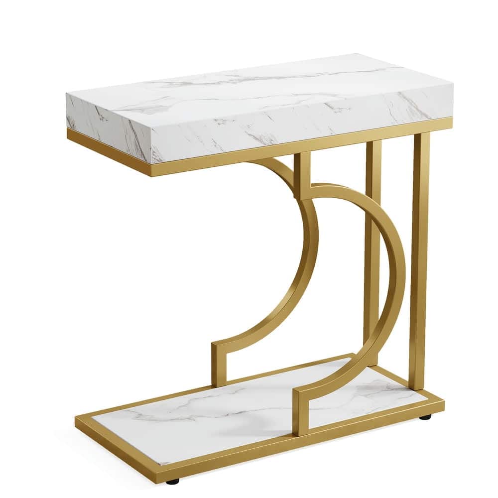 Kadyn - Sofa Side End Table, Couch Table,Narrow C Table, Modern Bedside Table with Metal Frame, Gold - White