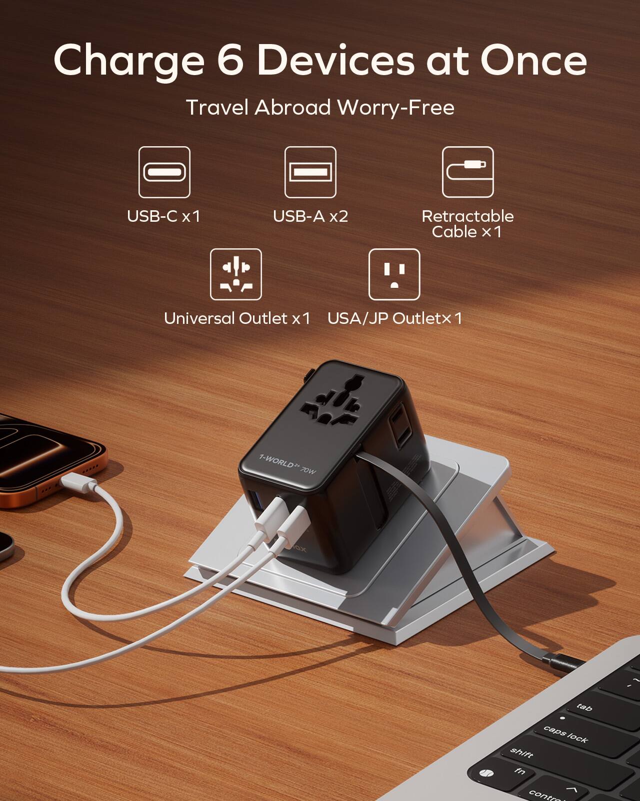 Charge 6 Devices at Once  
Travel Abroad Worry-Free  

USB-C x1  
USB-A x2  
Retractable Cable x 1  
Universal Outlet x1  
USA/JP Outlet x1  

1-WORLD™ 70W