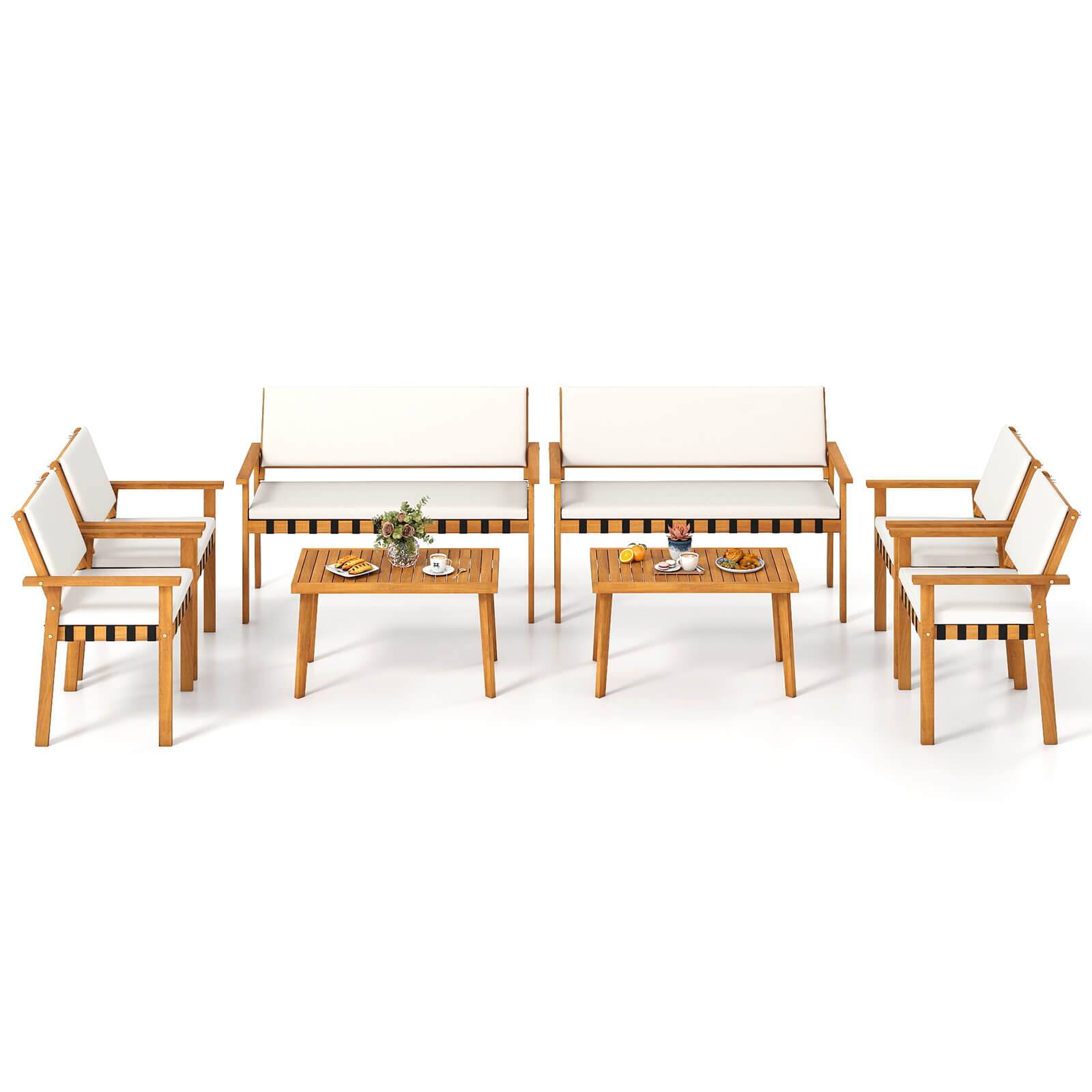 Alt View 2. Costway - Costway 8 PCS Wood Furniture Set with Coffee Table Seat Back Cushions for Backyard, Porch - Off White.