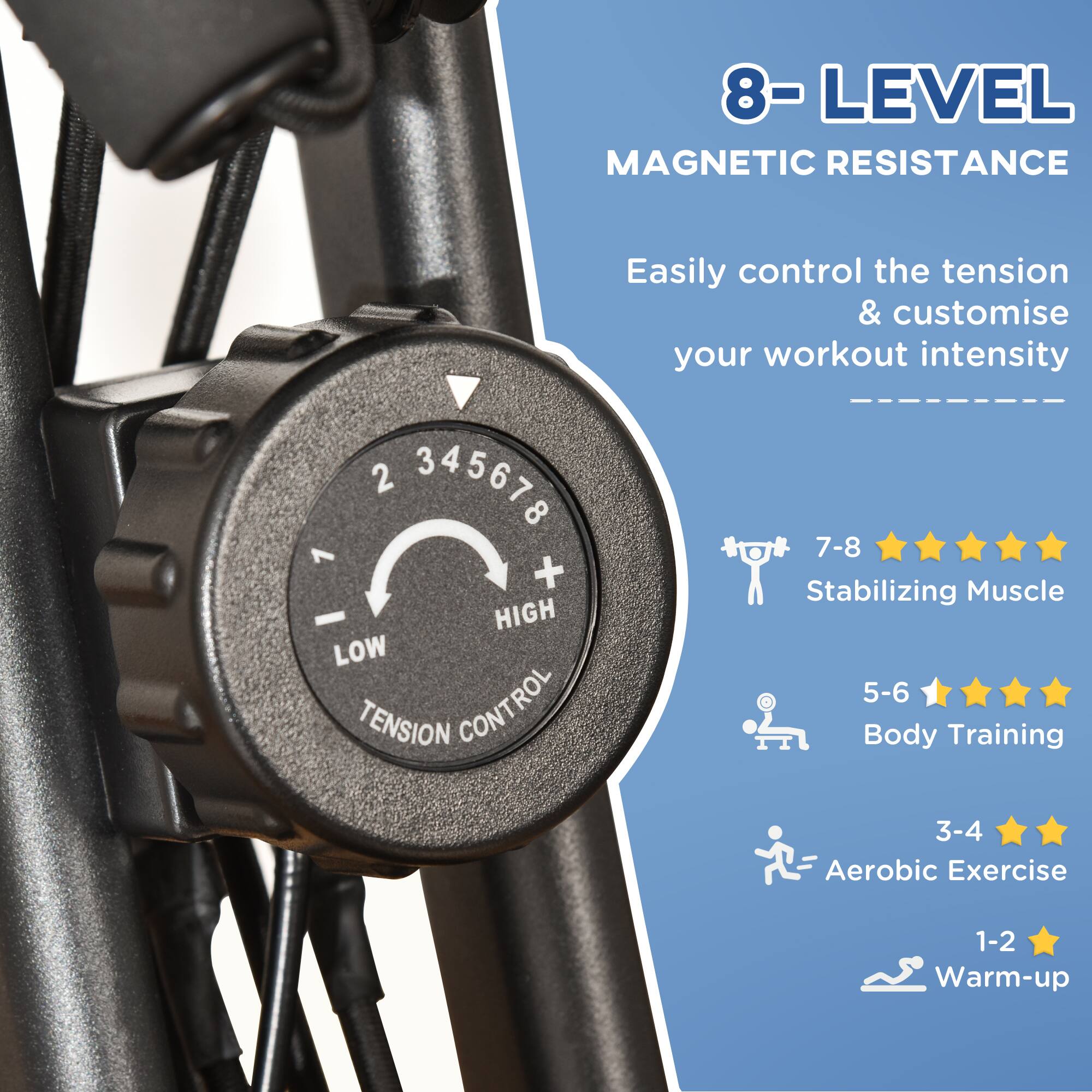 8-LEVEL MAGNETIC RESISTANCE  
Easily control the tension & customise your workout intensity  

7-8 ★★★★★  
Stabilizing Muscle  

5-6 ★★★★  
Body Training  

3-4 ★★★  
Aerobic Exercise  

1-2 ★  
Warm-up