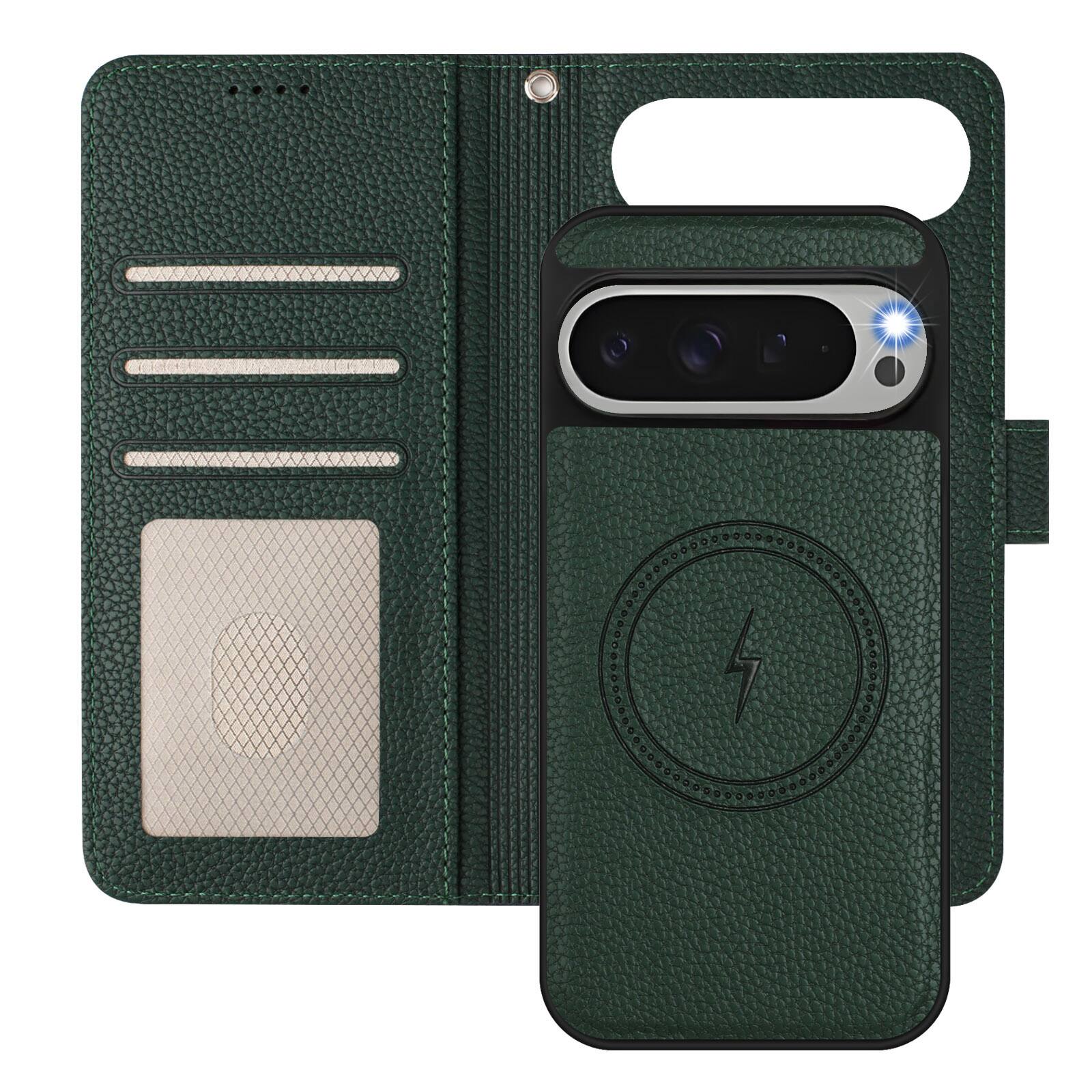 Alt View 2. Dteck - Magnetic Detachable Wallet Case for Google Pixel 10 Pro XL,PU Leather Card Holder Flip Cover with Wrist Strap - Blue.