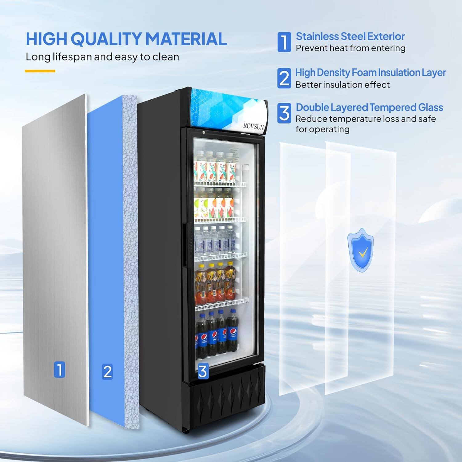 HIGH QUALITY MATERIAL  
Long lifespan and easy to clean  

1. Stainless Steel Exterior  
Prevent heat from entering  

2. High Density Foam Insulation Layer  
Better insulation effect  

3. ROVSUN Double Layered Tempered Glass  
Reduce temperature loss and safe for operating