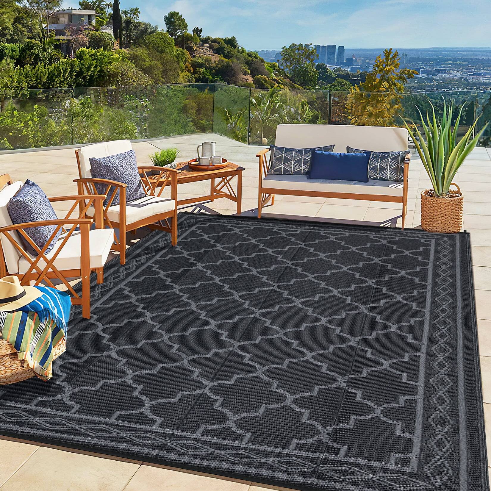 Alt View 1. Homhougo - 10x20 Waterproof Reversible Plastic Straw Outdoor Rug for Patios Camping RV Deck Backyard Balcony Beach Black and Gray - Black and Gray.