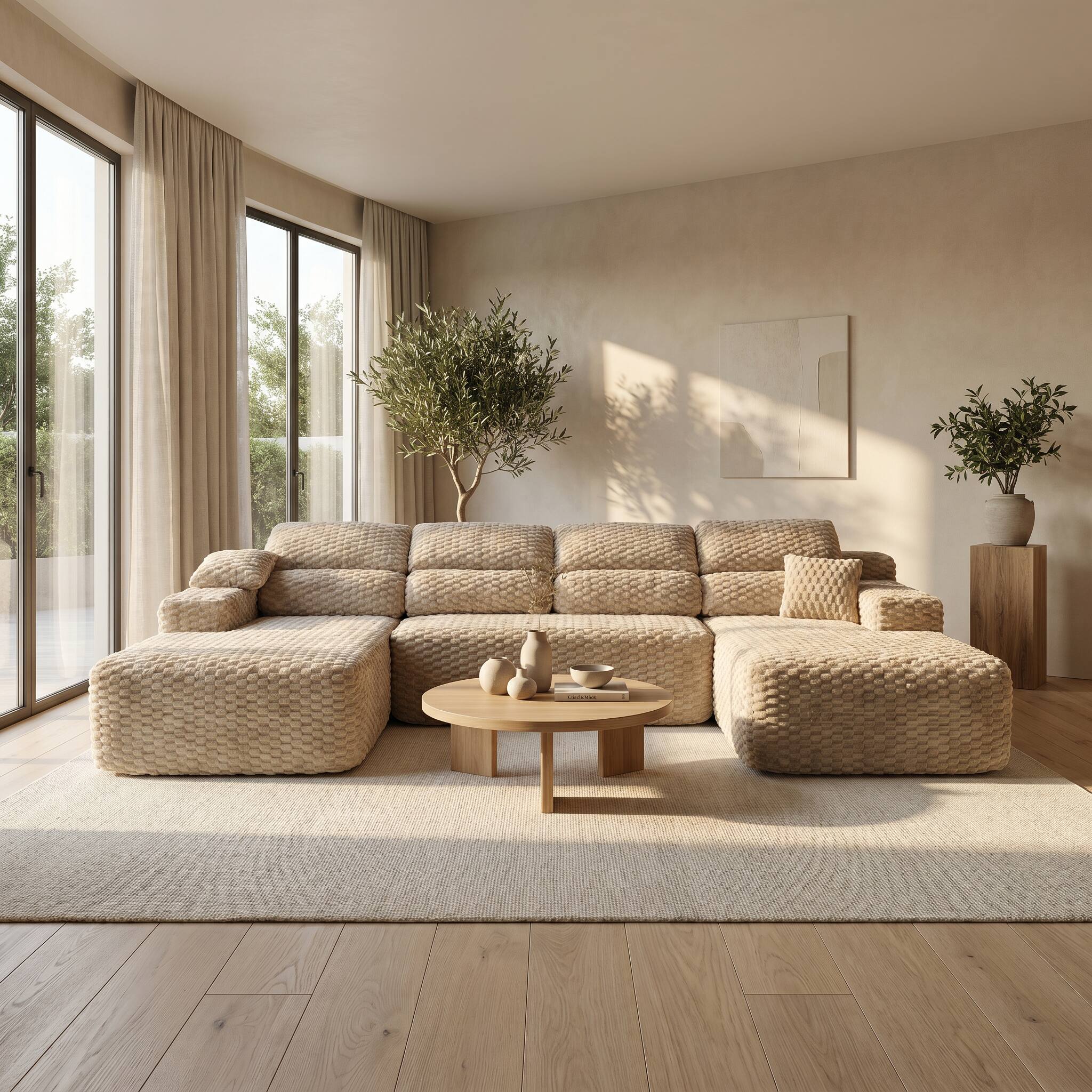 Alt View 7. Famapy - 135" Width Compressed Sectional Sofa No Assembly High-Density Foam, Pet-Friendly 3-Color Choice for Living Room - Beige.