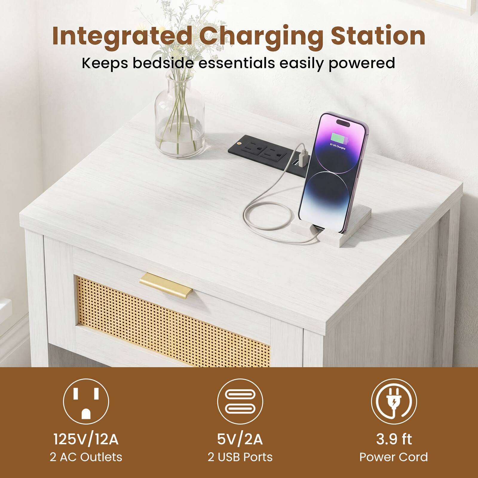Integrated Charging Station  
Keeps bedside essentials easily powered  

- 125V/12A  
- 2 AC Outlets  
- 5V/2A  
- 2 USB Ports  
- 3.9 ft Power Cord