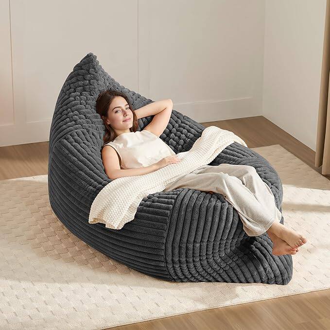 Front. LOVMOR - 76 Inch Flannelette Bean Bag Chairs Removable Washable Cover For Living Room Bedroom Reading Soft Touch Indoor - DARK GREY.