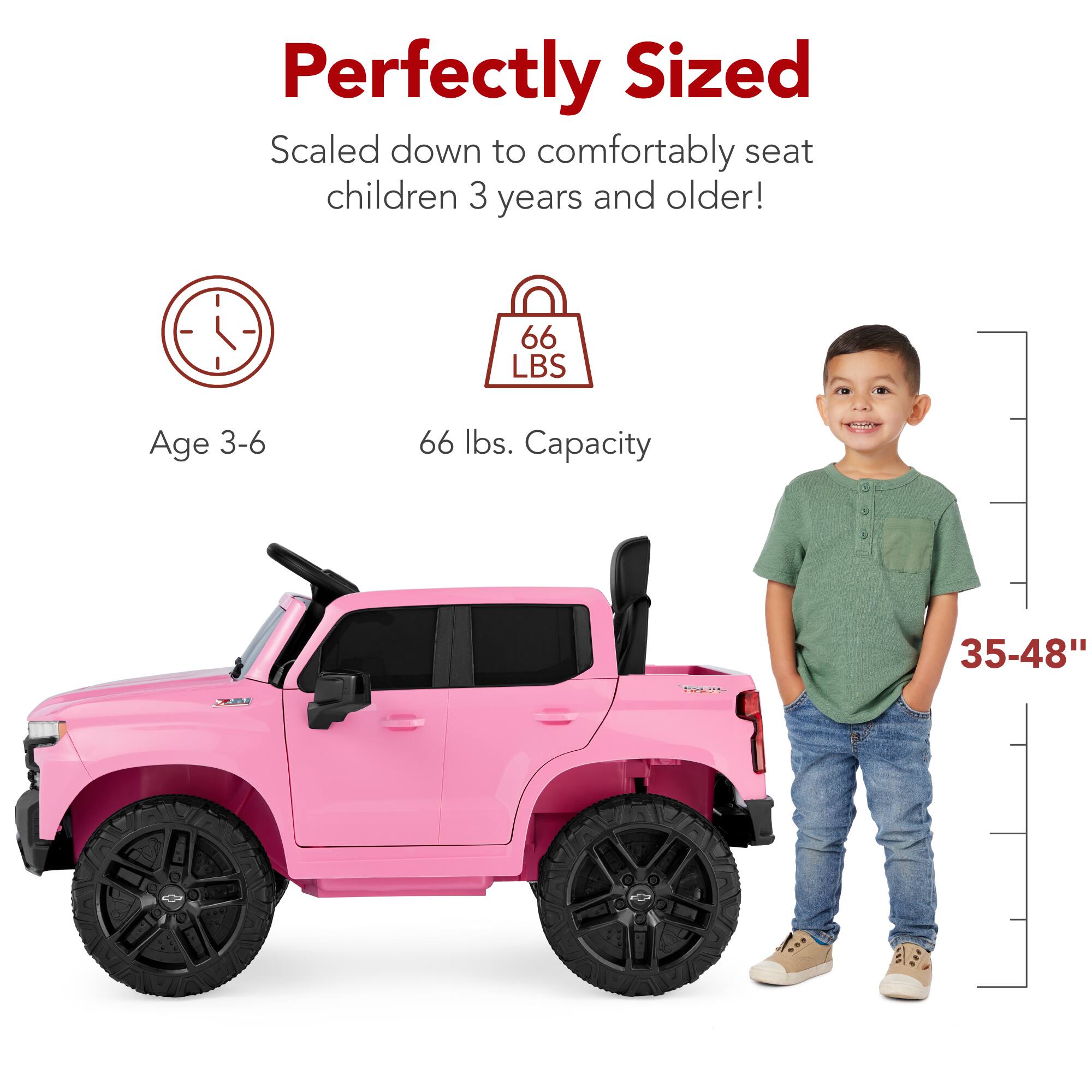 Perfectly Sized, Scaled down to comfortably seat children 3 years and older! Age 3-6, 66 lbs. Capacity, 35-48"