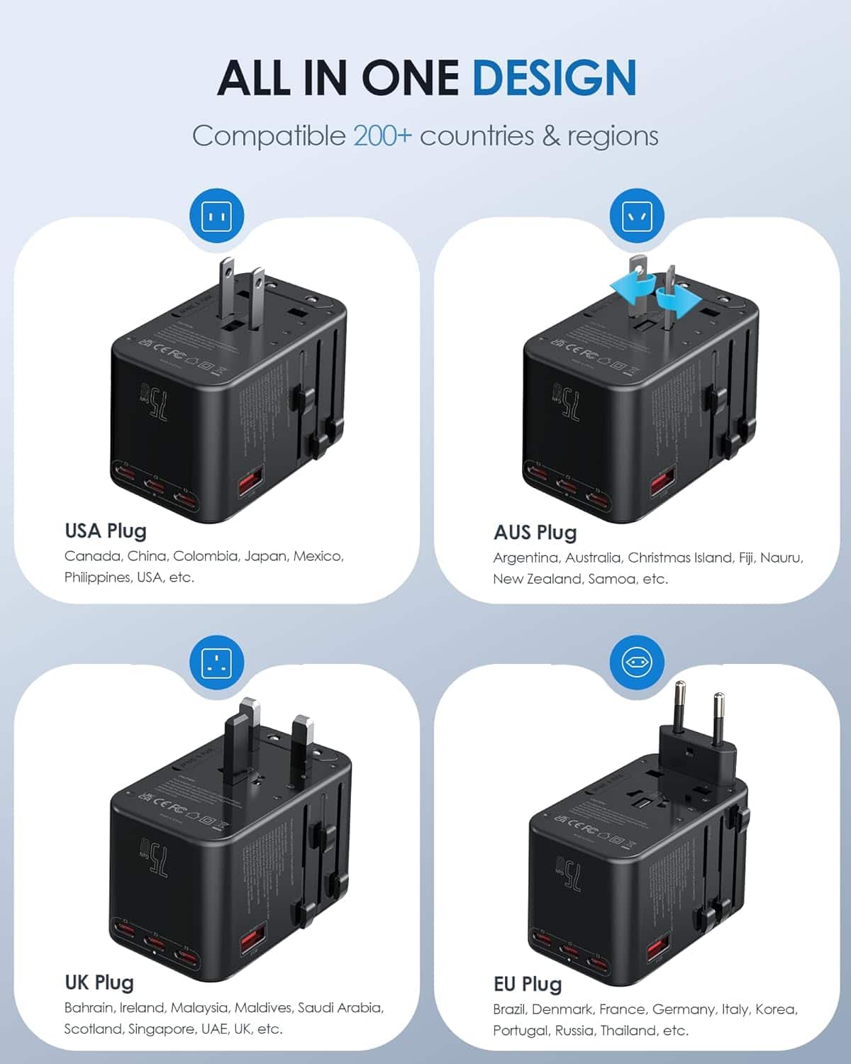 ALL IN ONE DESIGN Compatible 200+ countries & regions
AGL CEOE 75
USA Plug: Canada, China, Colombia, Japan, Mexico, Philippines, USA, etc.
AUS Plug: Argentina, Australia, Christmas Island, Fiji, Nauru, New Zealand, Samoa, etc.
CER0 "SL CRO 75m
UK Plug: Bahrain, Ireland, Malaysia, Maldives, Saudi Arabia, Scotland, Singapore, UAE, UK, etc.
EU Plug: Brazil, Denmark, France, Germany, Italy, Korea, Portugal, Russia, Thailand, etc.