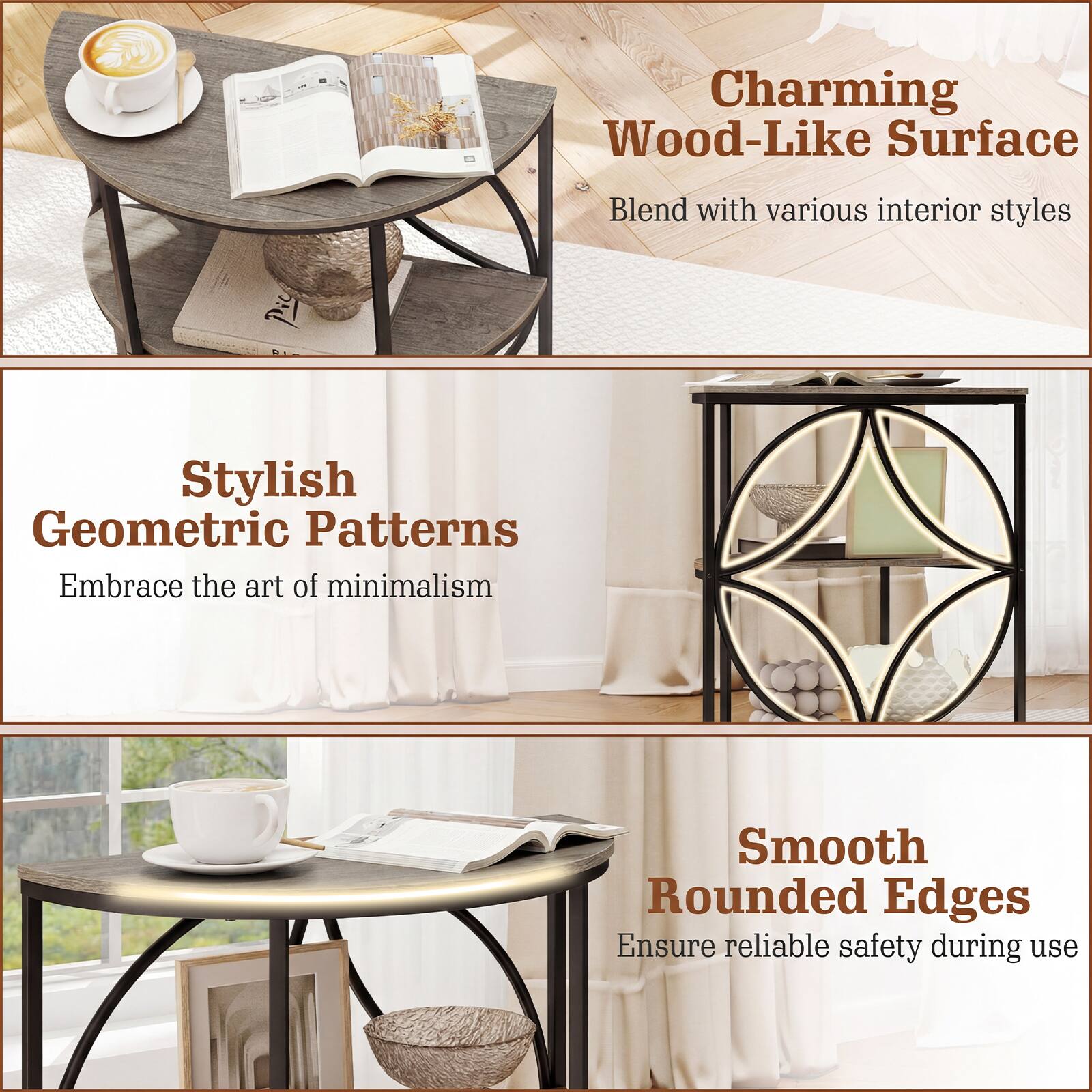 - Charming Wood-Like Surface  
  Blend with various interior styles

- Stylish Geometric Patterns  
  Embrace the art of minimalism

- Smooth Rounded Edges  
  Ensure reliable safety during use