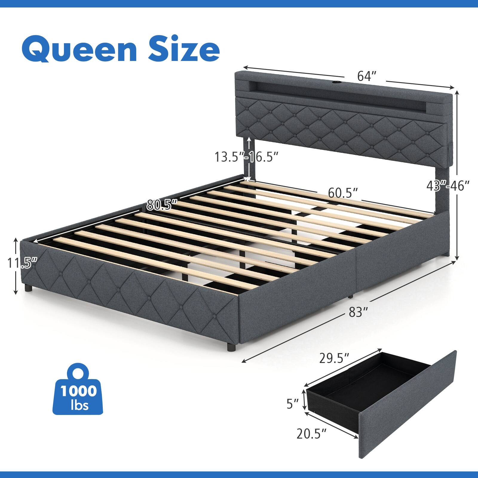 Queen Size  
64" x 13.5" - 16.5"  
80.5" x 60.5"  
43"-46"  
11.5"  
83" x 29.5"  
5" x 20.5"  
1000 lbs