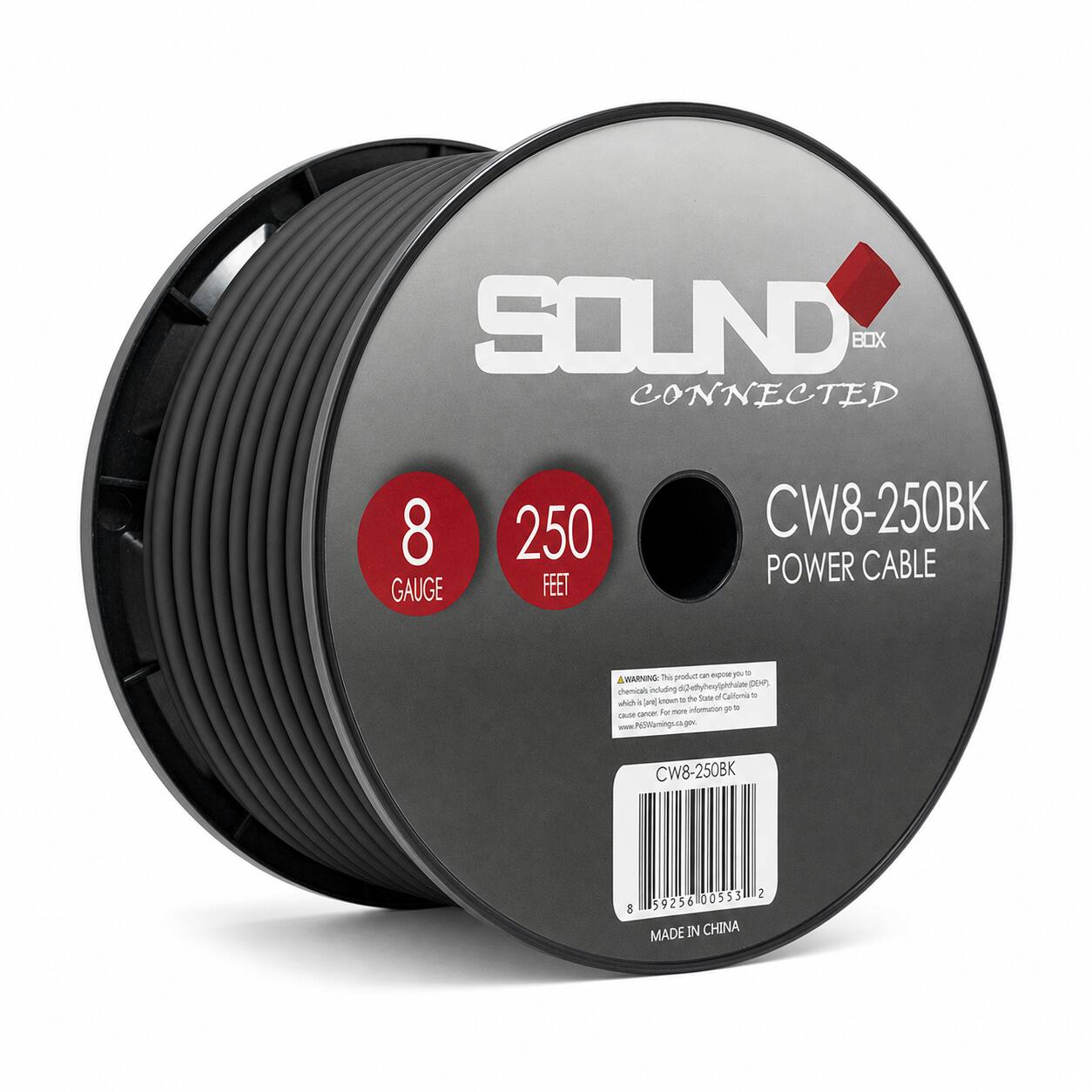 SOUND BOX CONNECTED  
8 GAUGE  
250 FEET  
CW8-250BK POWER CABLE  

WARNING: This product may expose you to chemicals including di(2-ethylhexyl)phthalate (DEHP), which is known to the State of California to cause birth defects or other reproductive harm. For more information go to www.P65Warnings.gov  

CW8-250BK  
00553 2 8 59256  
MADE IN CHINA