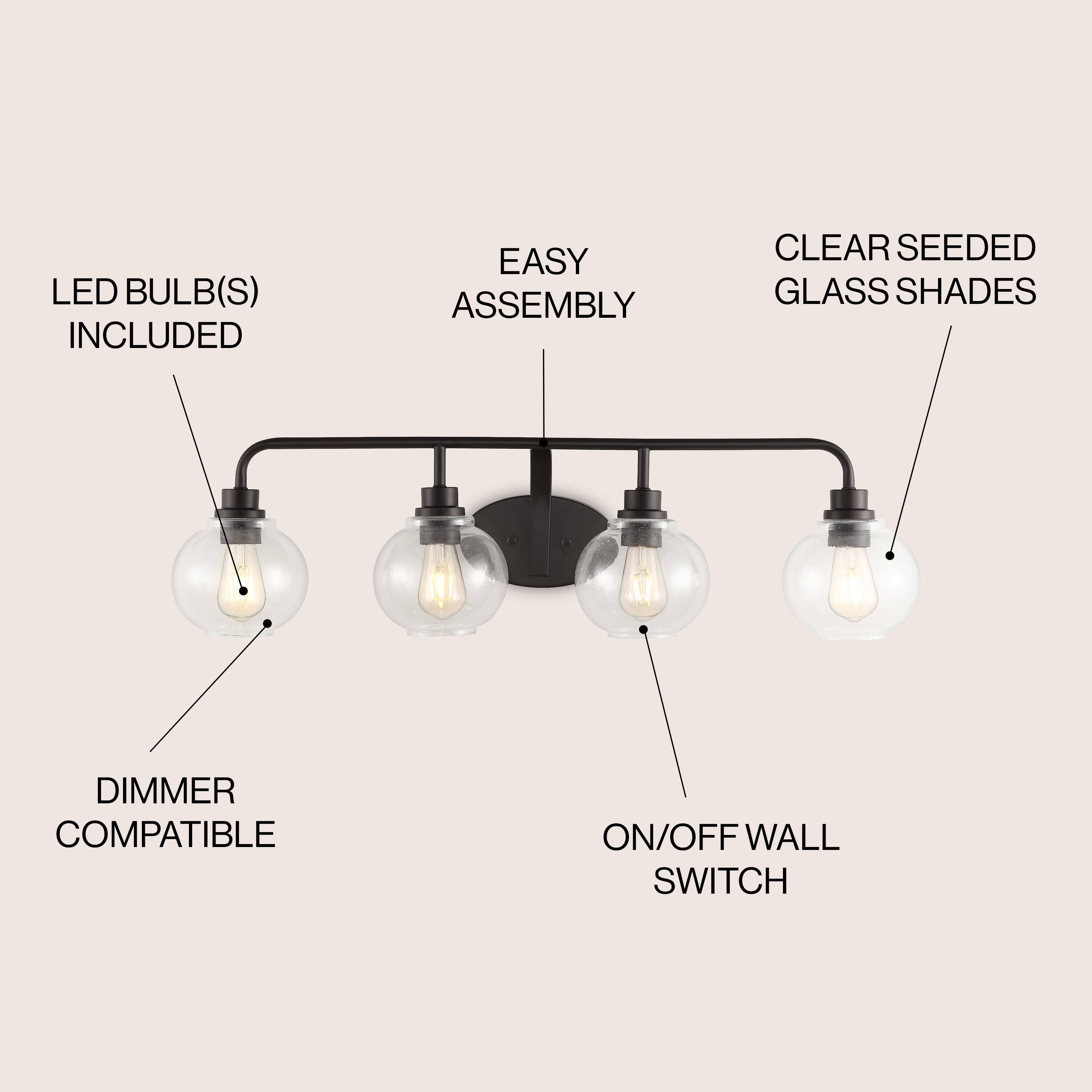 LED BULB(S) INCLUDED  
EASY ASSEMBLY  
CLEAR SEEDED GLASS SHADES  
DIMMER COMPATIBLE  
ON/OFF WALL SWITCH
