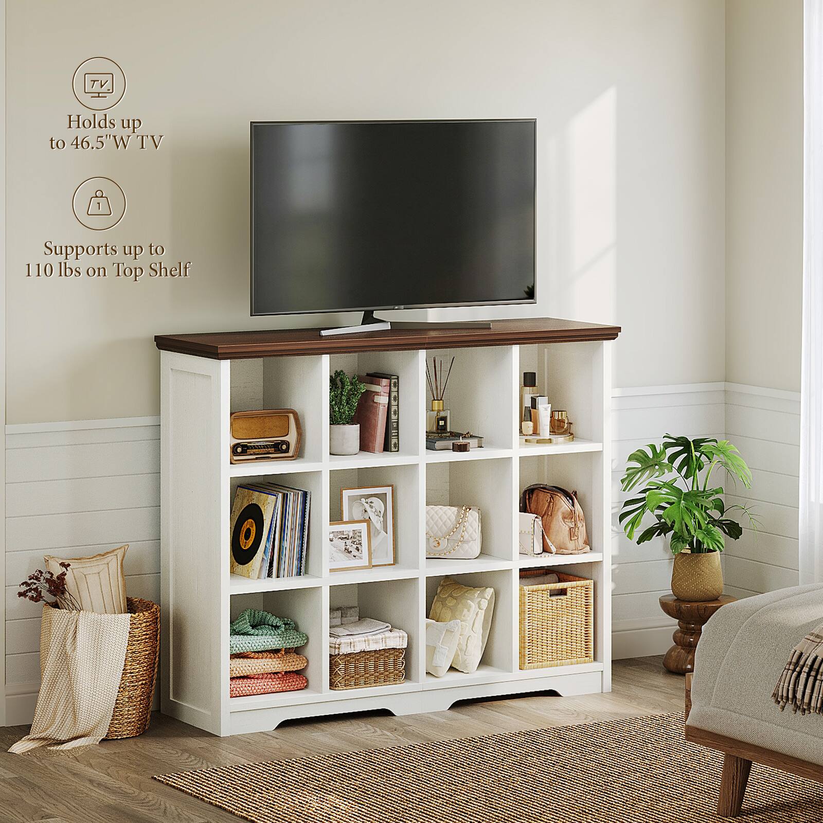 TV Holds up to 46.5" W TV  
Supports up to 110 lbs on Top Shelf