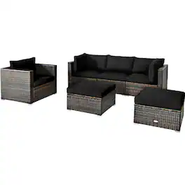 Pefilos - 6 Pieces PE Rattan Furniture Set with Aluminum L-Shaped Footpads, Outdoor Conversation Set with Sectional Cushion - Black