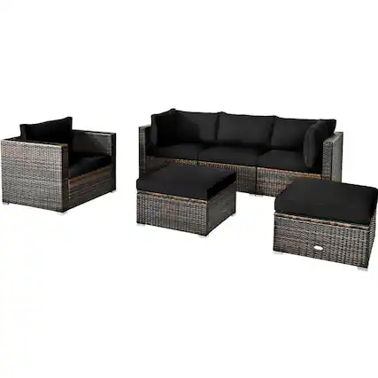 Front. Pefilos - 6 Pieces PE Rattan Furniture Set with Aluminum L-Shaped Footpads, Outdoor Conversation Set with Sectional Cushion - Black.