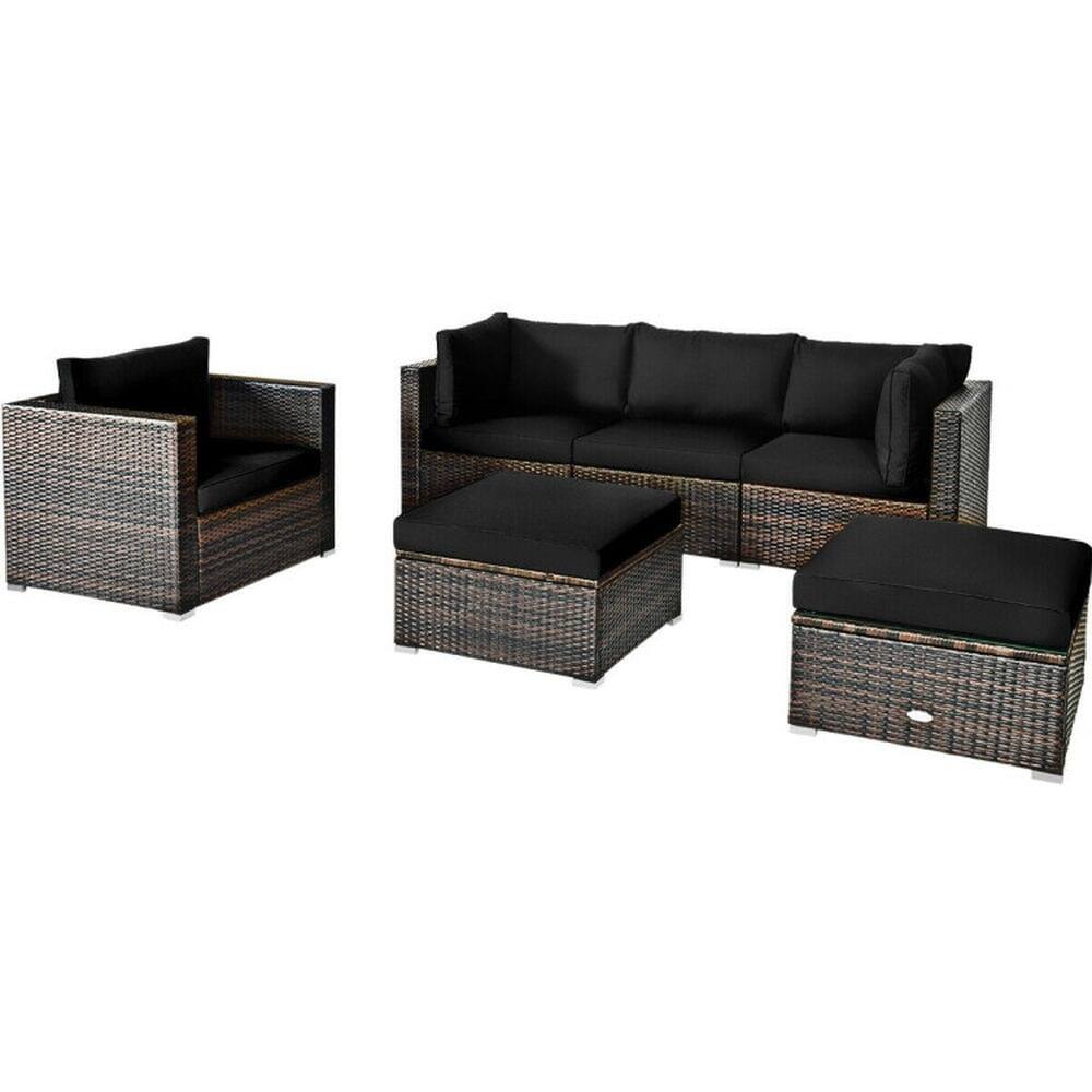 Front. Pefilos - 6 Pieces PE Rattan Furniture Set with Aluminum L-Shaped Footpads, Outdoor Conversation Set with Sectional Cushion - Black.